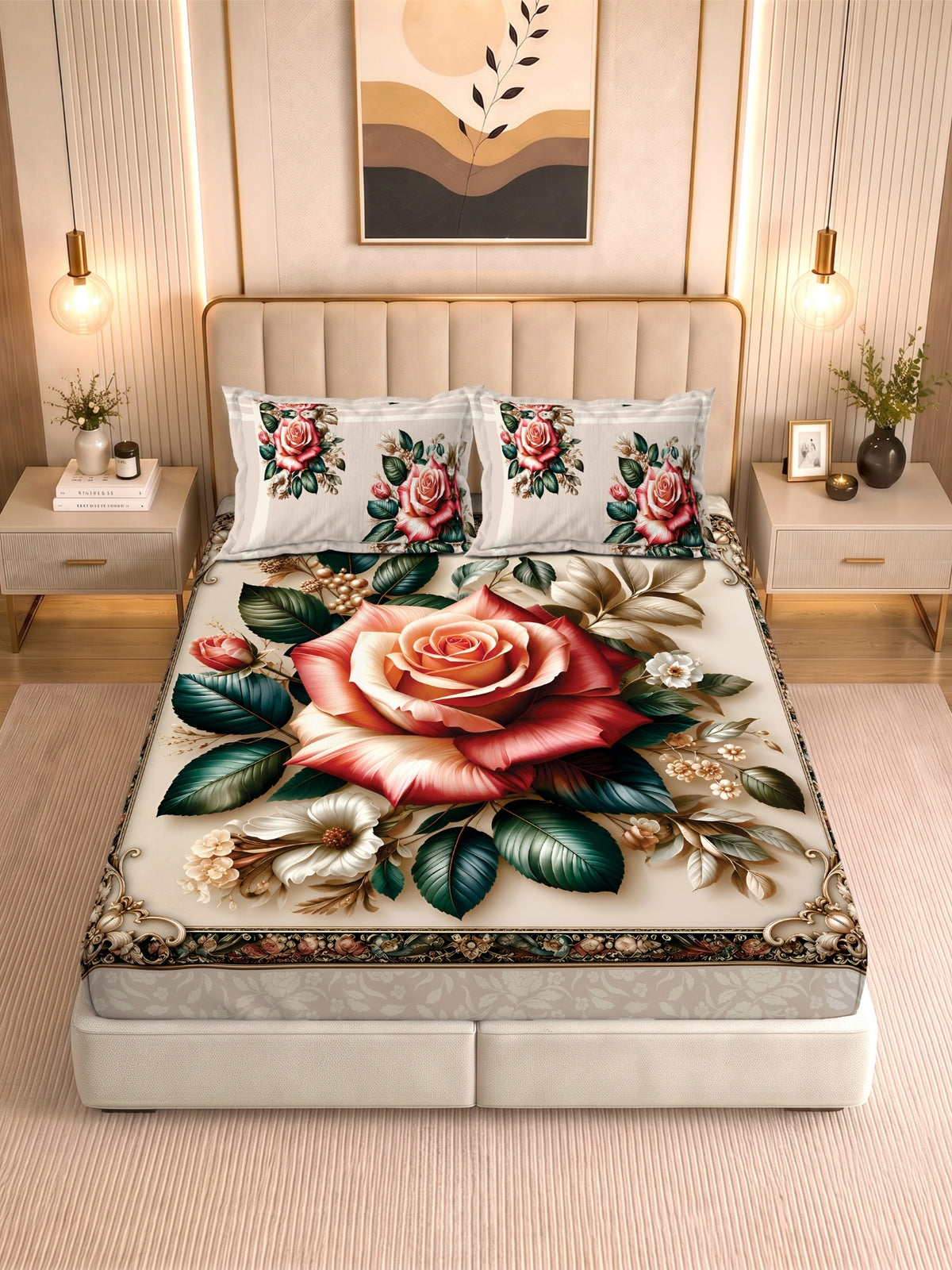 Homeful Style Living Canvas Floral Print 160 TC Bedsheet with 2 Pillow Covers