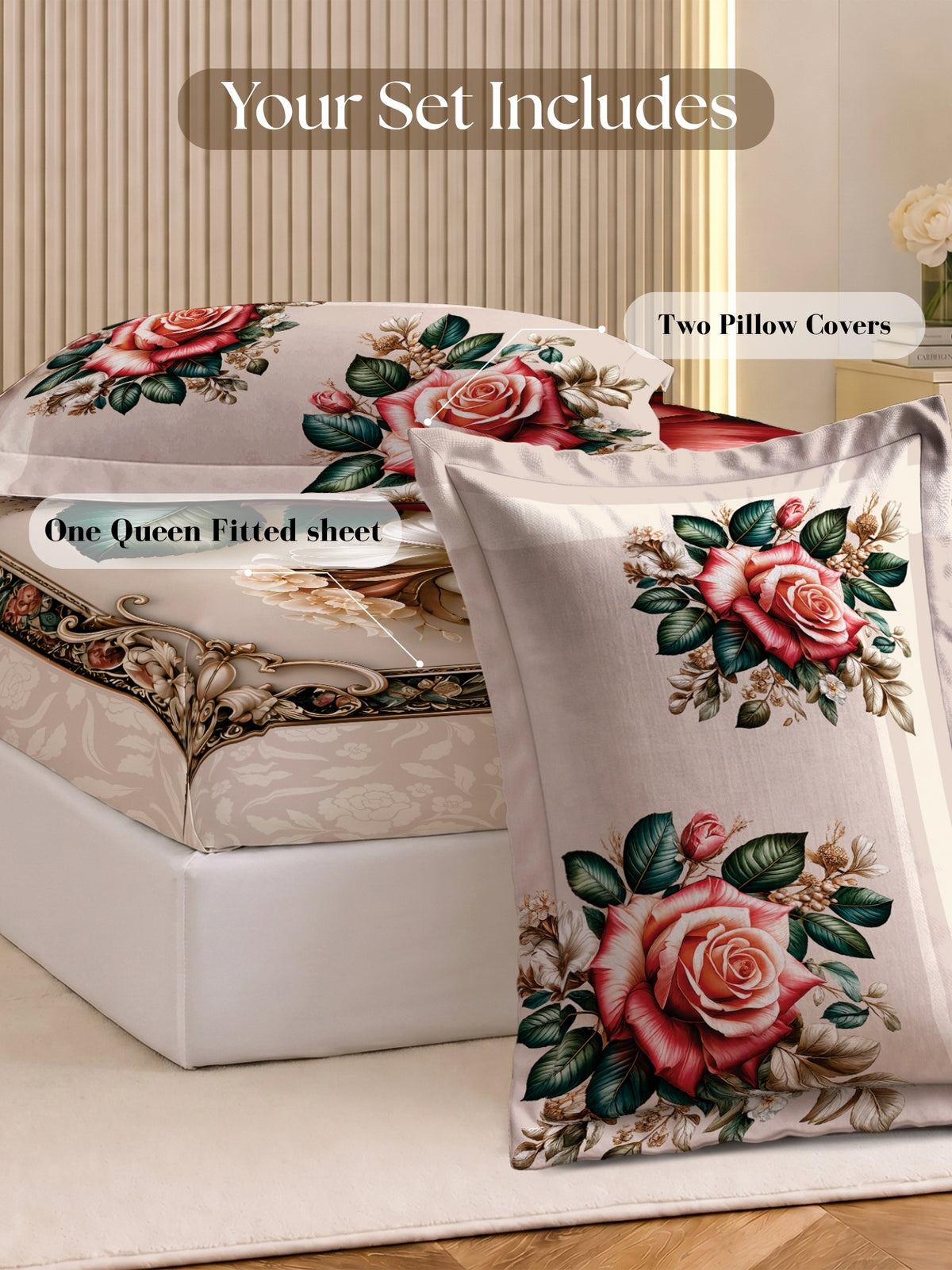 Homeful Style Living Canvas Floral Print 160 TC Bedsheet with 2 Pillow Covers