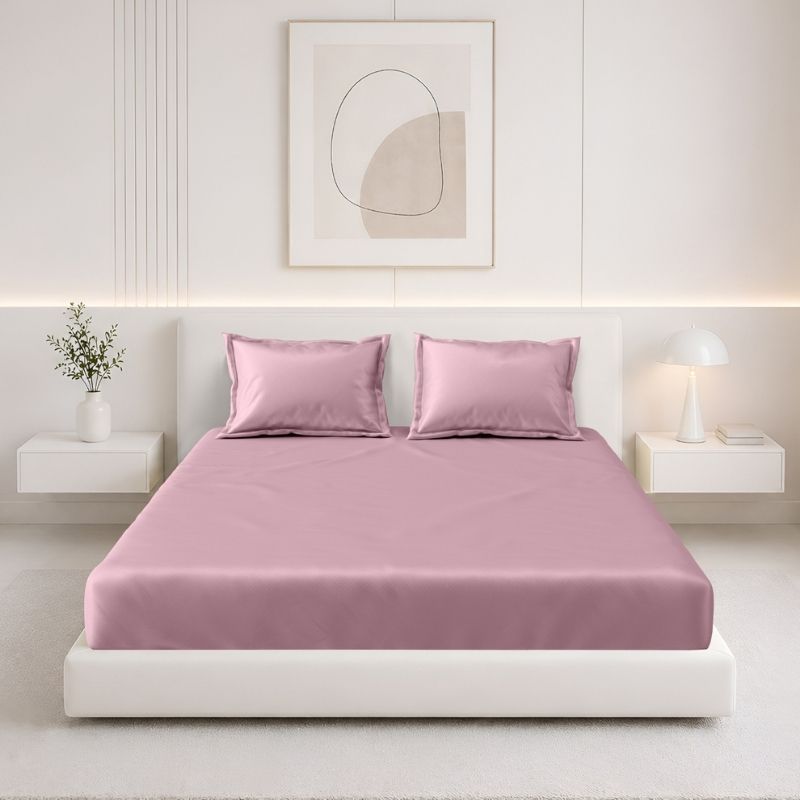Satin Fantasy 125 GSM Microfiber King Size Bedsheet with 2 Pillow Covers - Pink