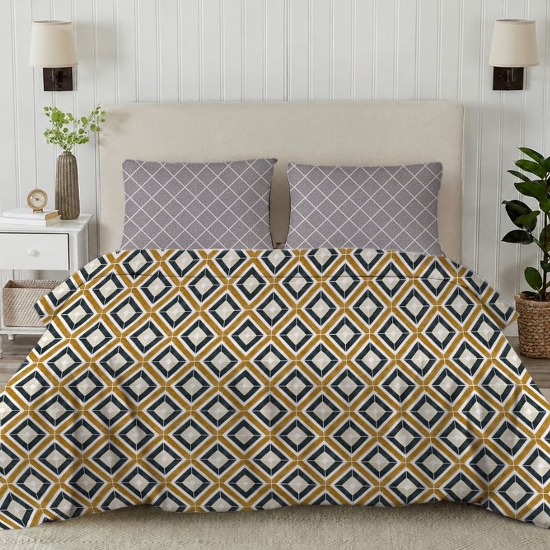 Eve 115 GSM Microfiber Geometric Queen Size Bedsheet with 2 Pillow Covers – Mustard