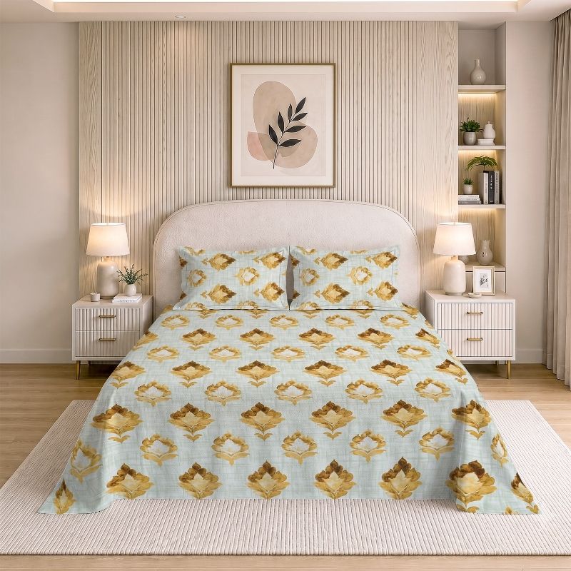 Sienna 120 TC 100% Cotton Queen Size Bedsheet with 2 Pillow Covers - Gold