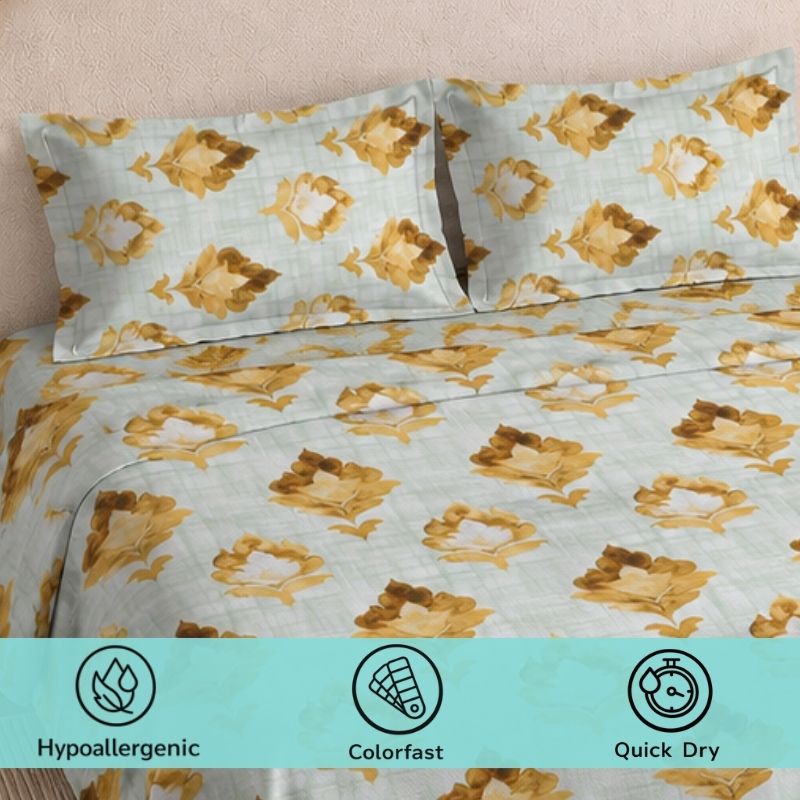Sienna 120 TC 100% Cotton Queen Size Bedsheet with 2 Pillow Covers - Gold