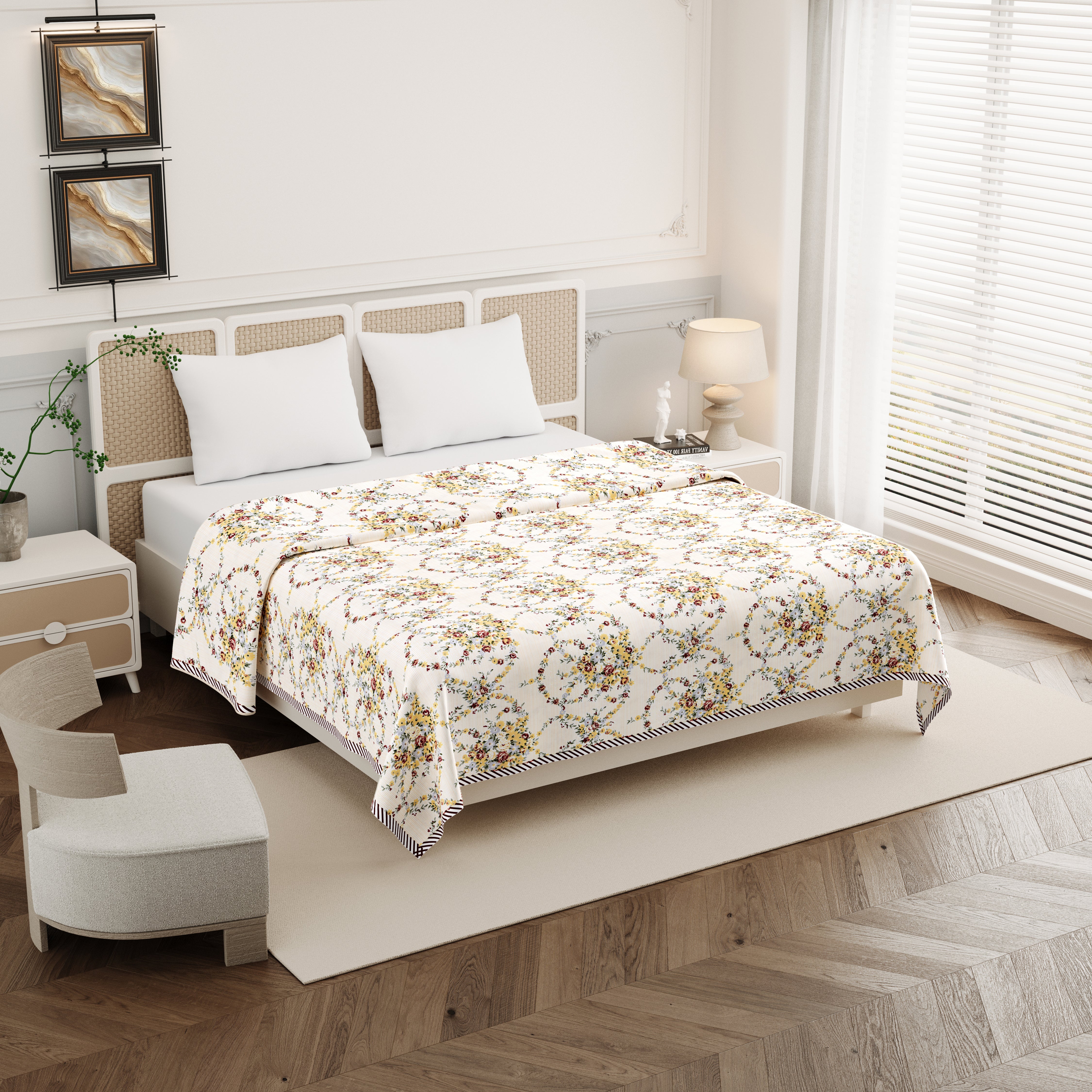 Rose Double Dohar Dull Cotton Floral Wreath Cream