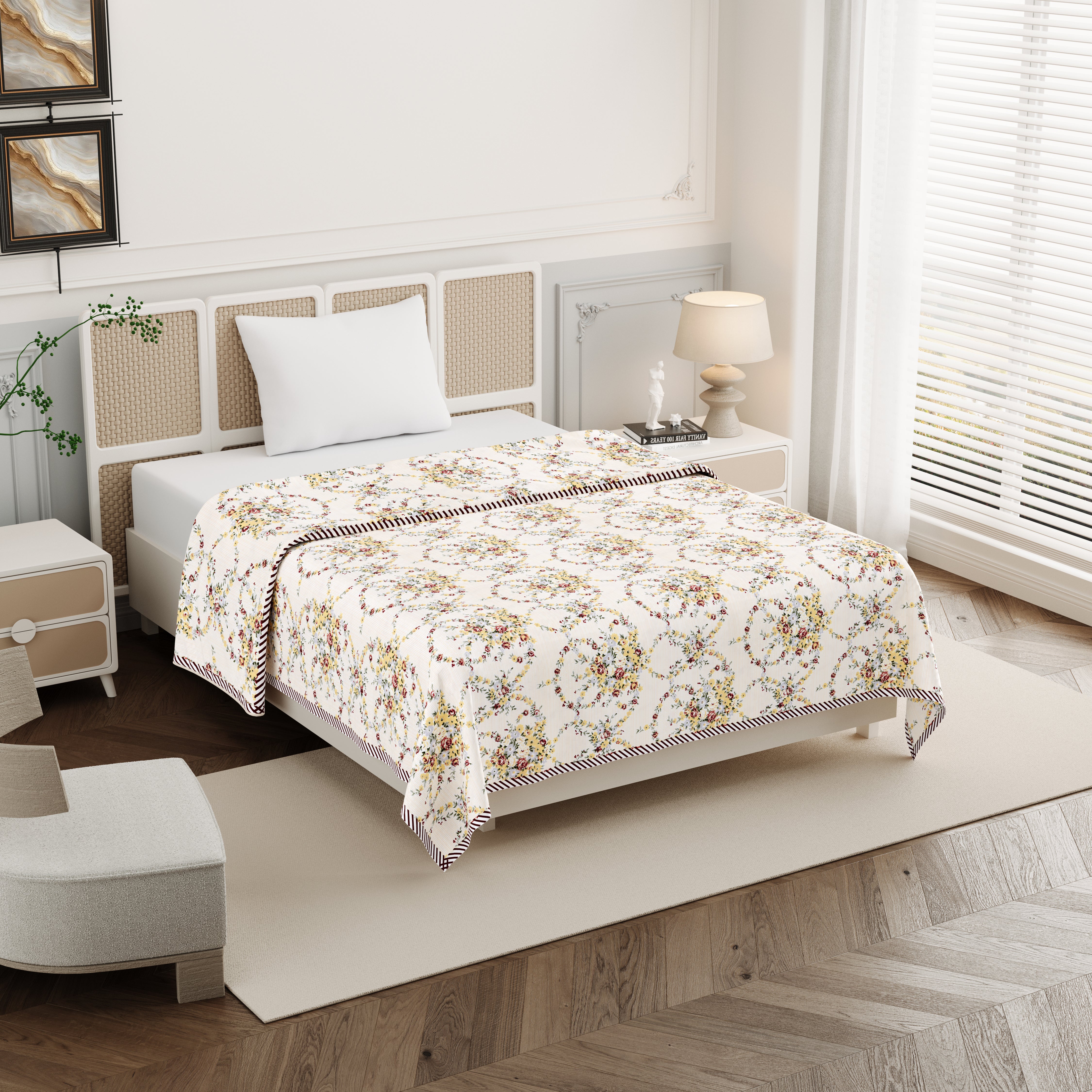 Rose Single Dohar Dull Cotton Floral Wreath Cream