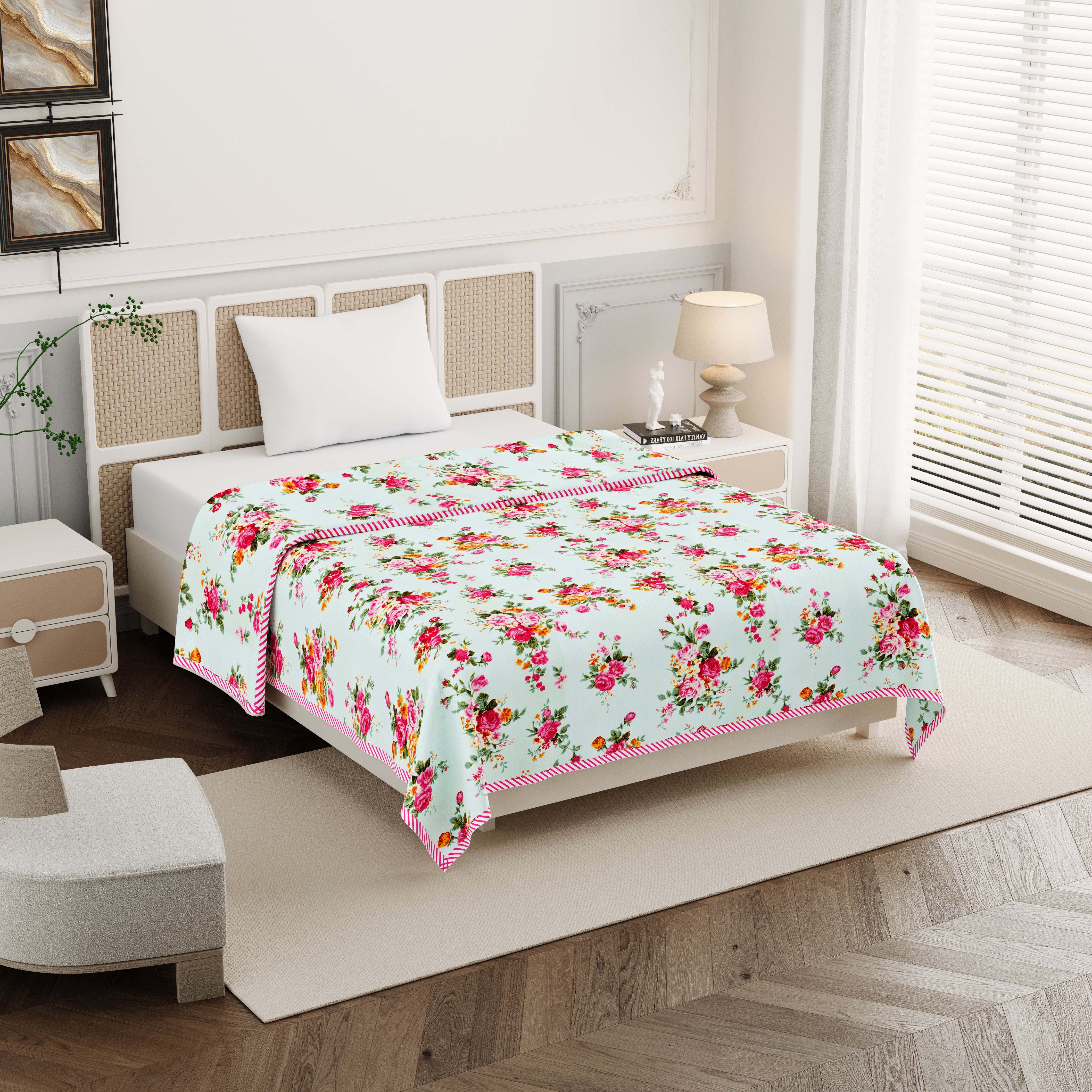Rose Single Dohar Dull Cotton Floral Garden Green