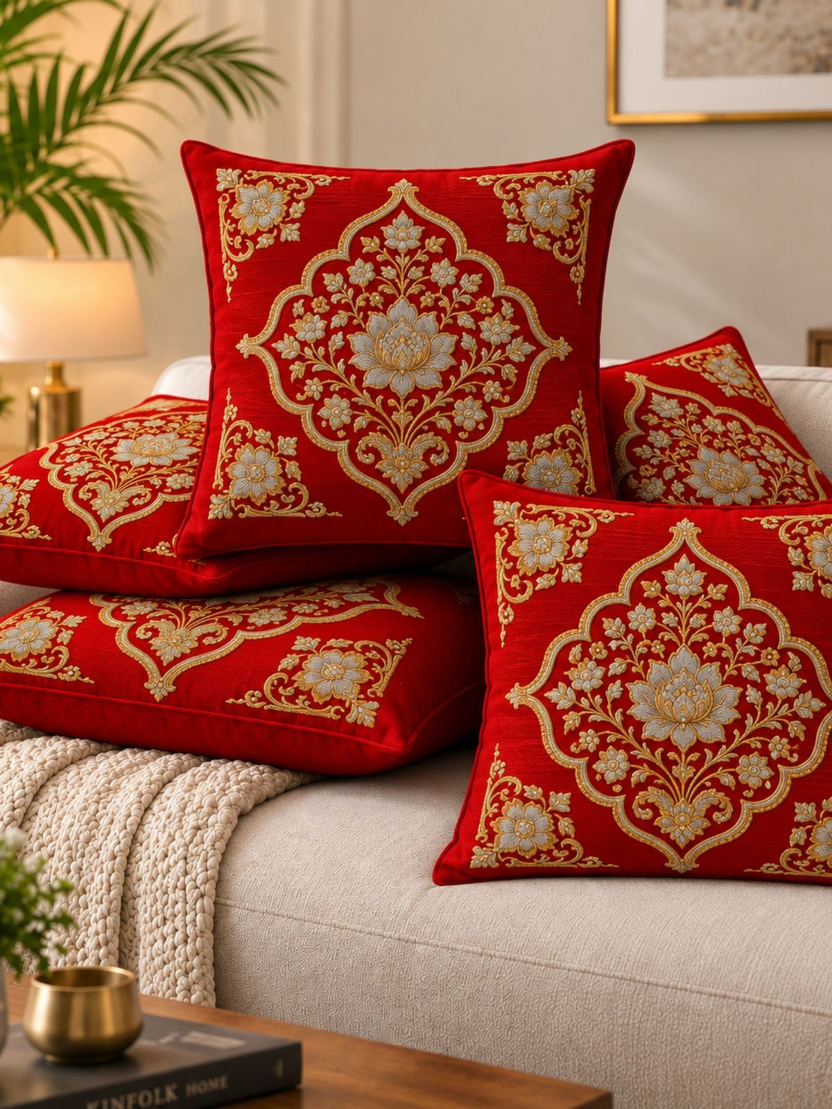 Regal Textures Micropeach Ethnic Motif Print Pack of 5 Cushion Covers (40 x 40 cm) - Red