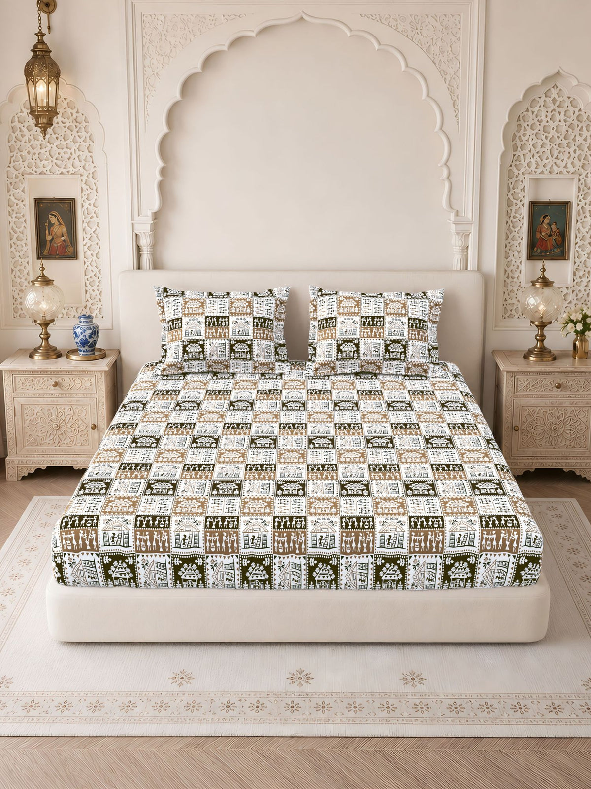 Lok Story Fitted Sheet with 2 Pillow Covers 130 GSM Micropeach Tribal Life