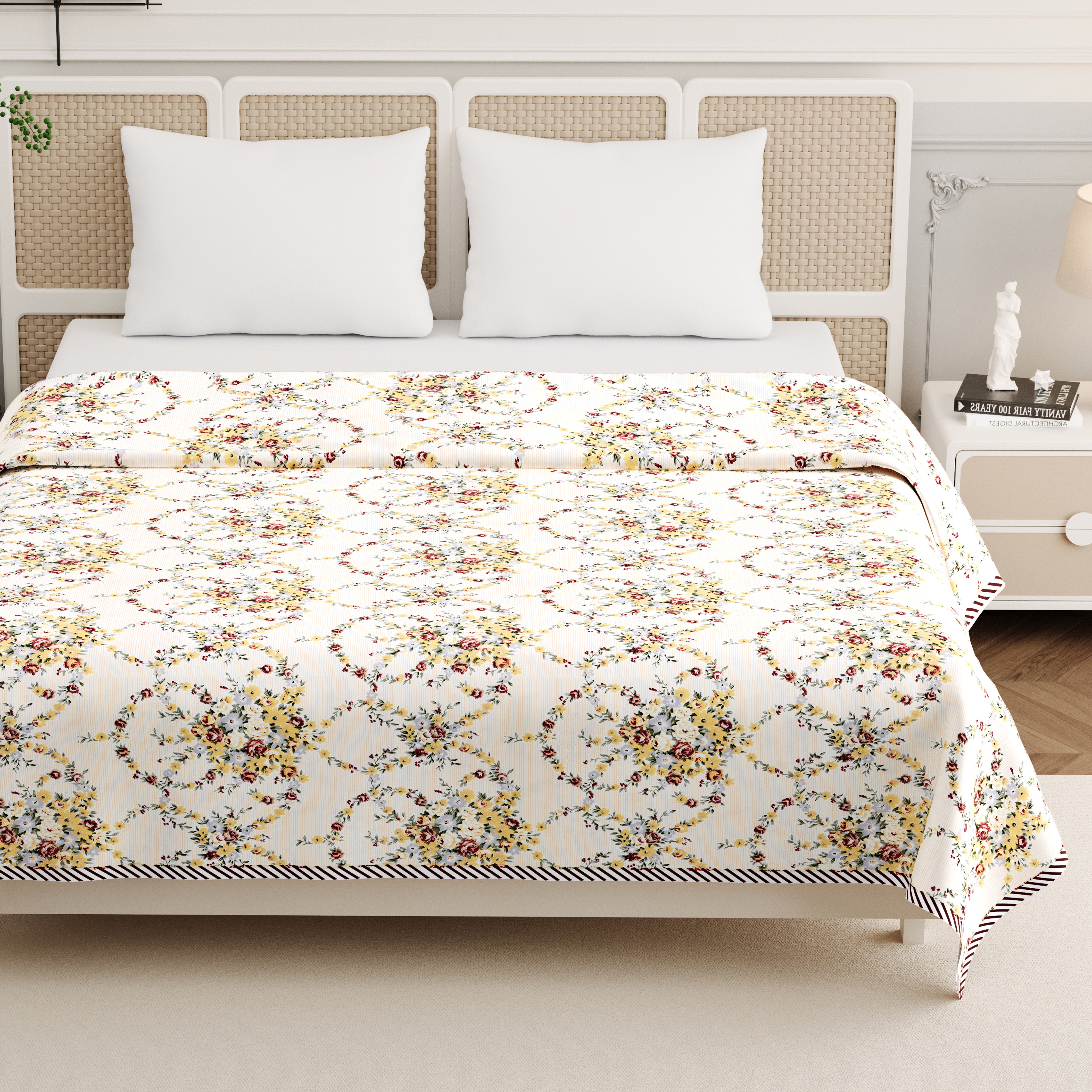 Rose Double Dohar Dull Cotton Floral Wreath Cream