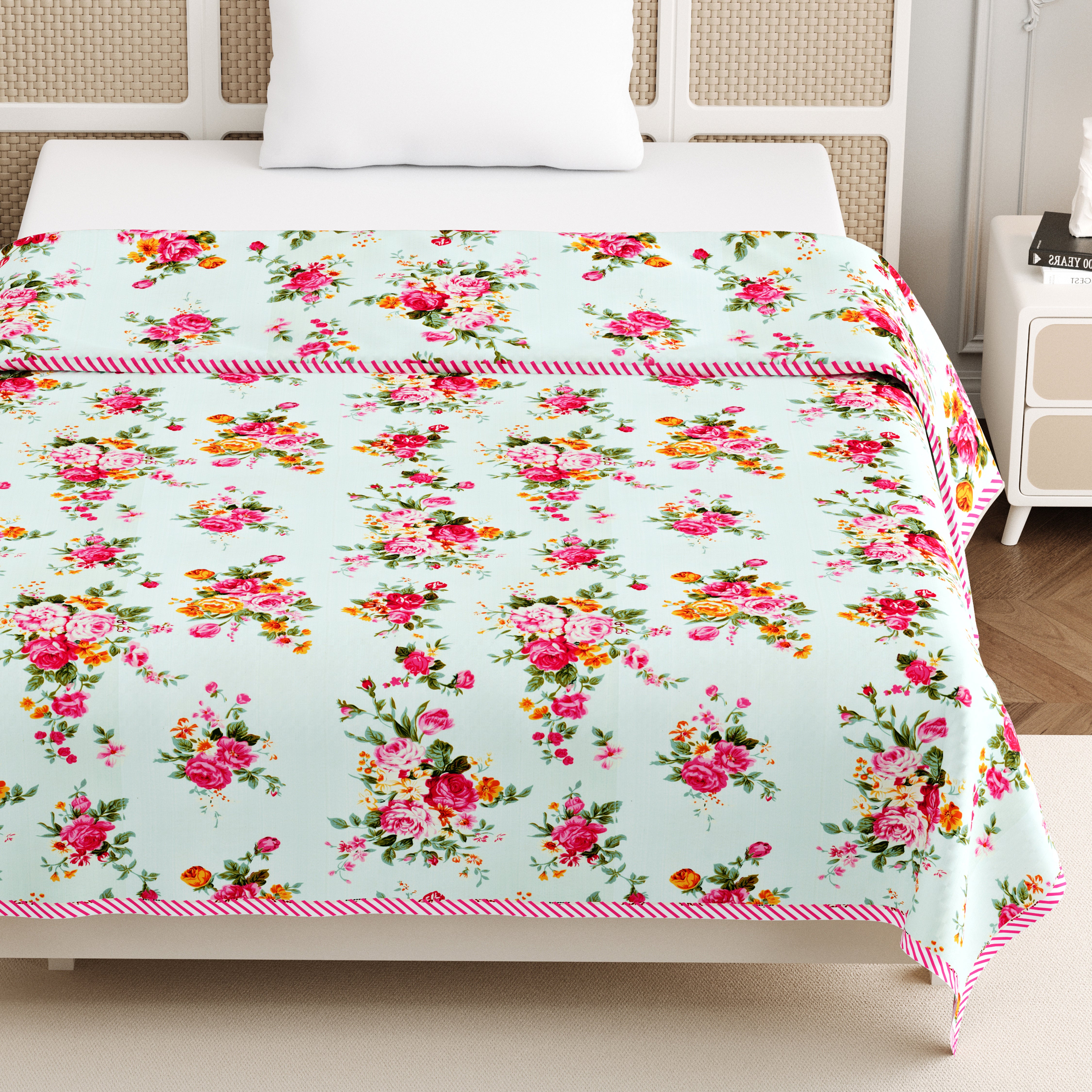 Rose Single Dohar Dull Cotton Floral Garden Green