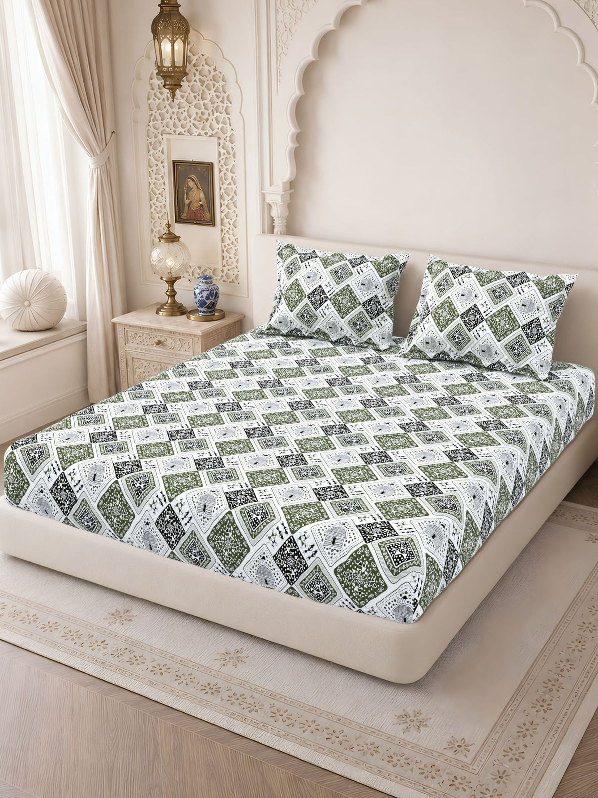 Lok Story Fitted Sheet with 2 Pillow Covers 130 GSM Micropeach Tribal Life