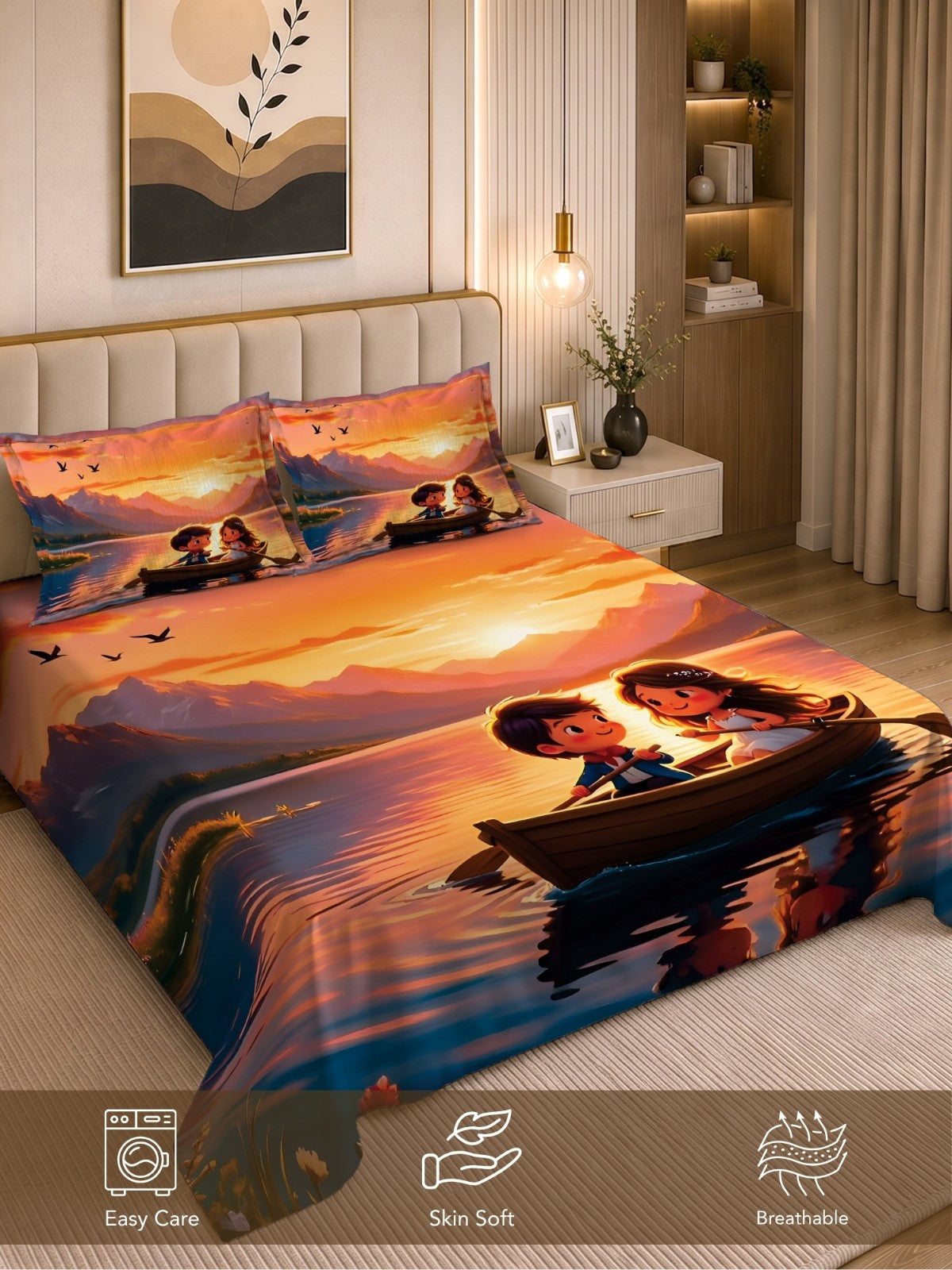 Homeful Style Canvas Stories Pictorial Printed 160 TC Bedsheet with 2 Pillow Covers
