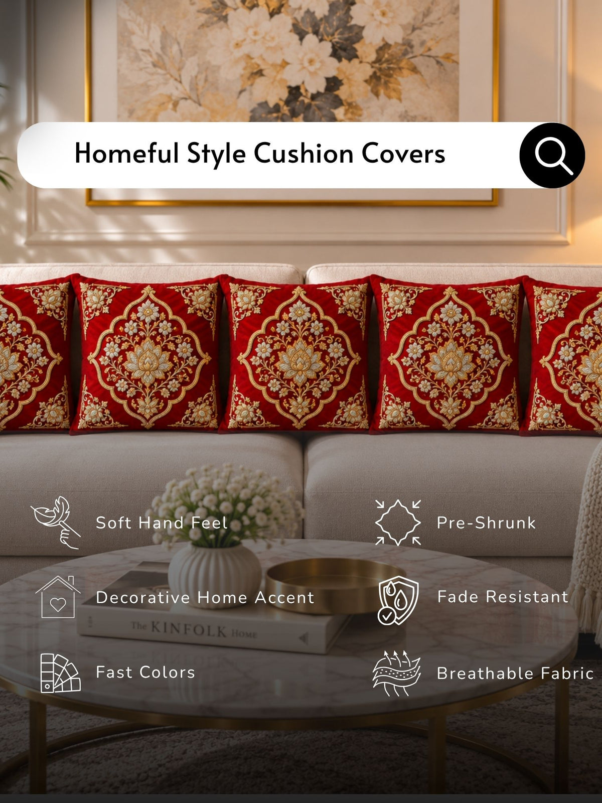 Regal Textures Micropeach Ethnic Motif Print Pack of 5 Cushion Covers (40 x 40 cm) - Red