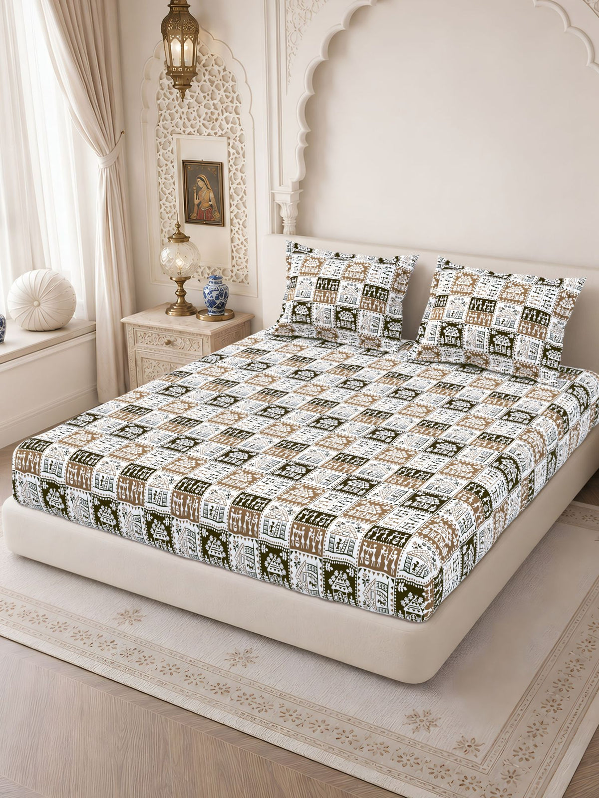 Lok Story Fitted Sheet with 2 Pillow Covers 130 GSM Micropeach Tribal Life