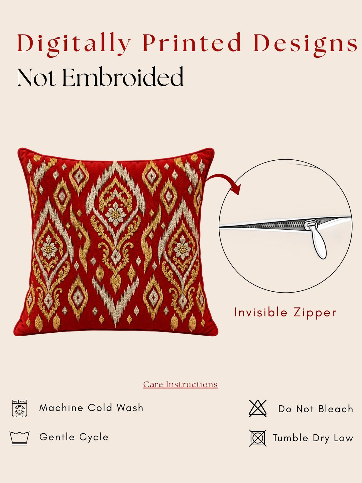 Regal Textures Micropeach Ethnic Motif Print Pack of 5 Cushion Covers (40 x 40 cm) - Red