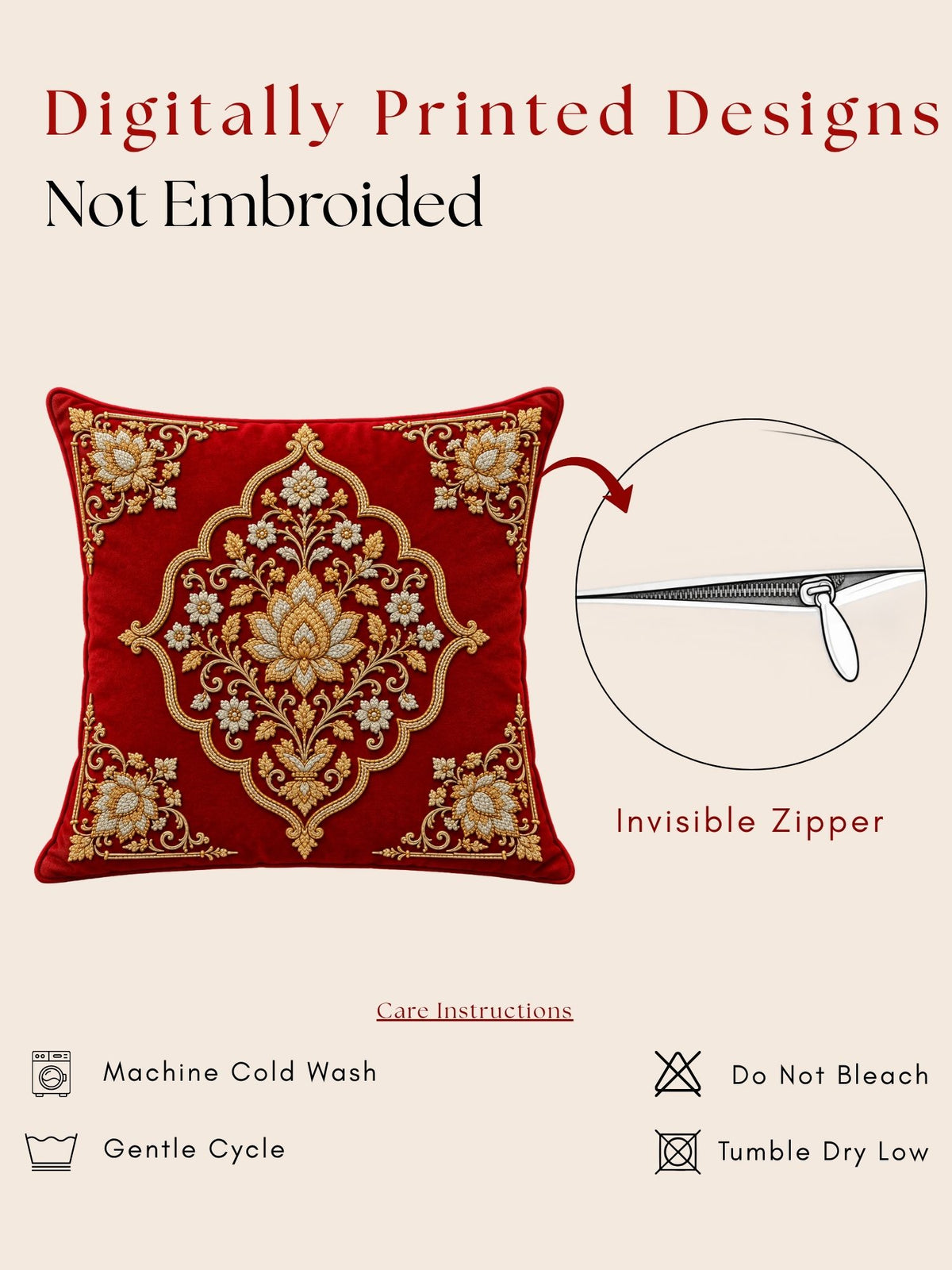 Regal Textures Micropeach Ethnic Motif Print Pack of 5 Cushion Covers (40 x 40 cm) - Red