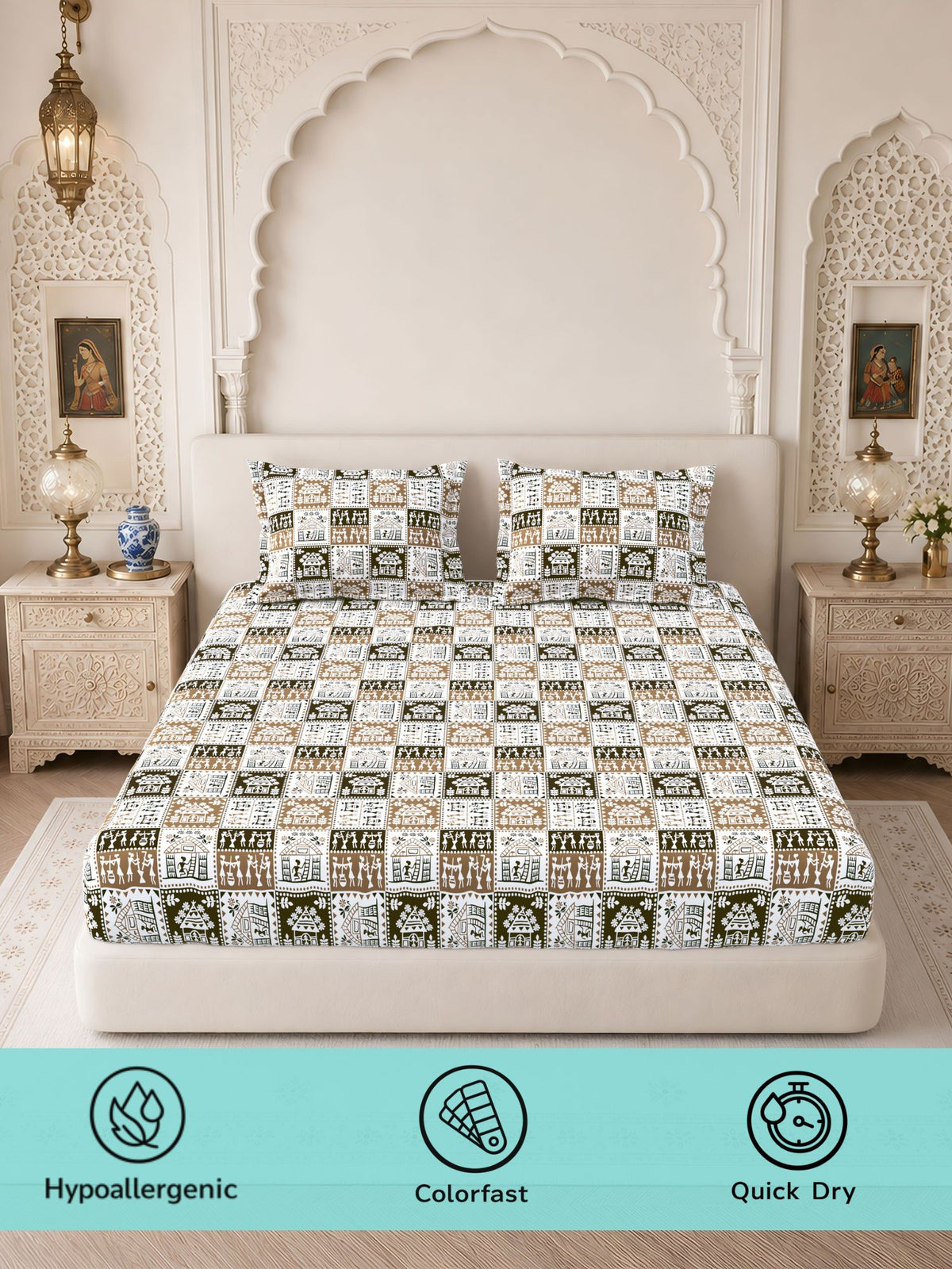 Lok Story Fitted Sheet with 2 Pillow Covers 130 GSM Micropeach Tribal Life