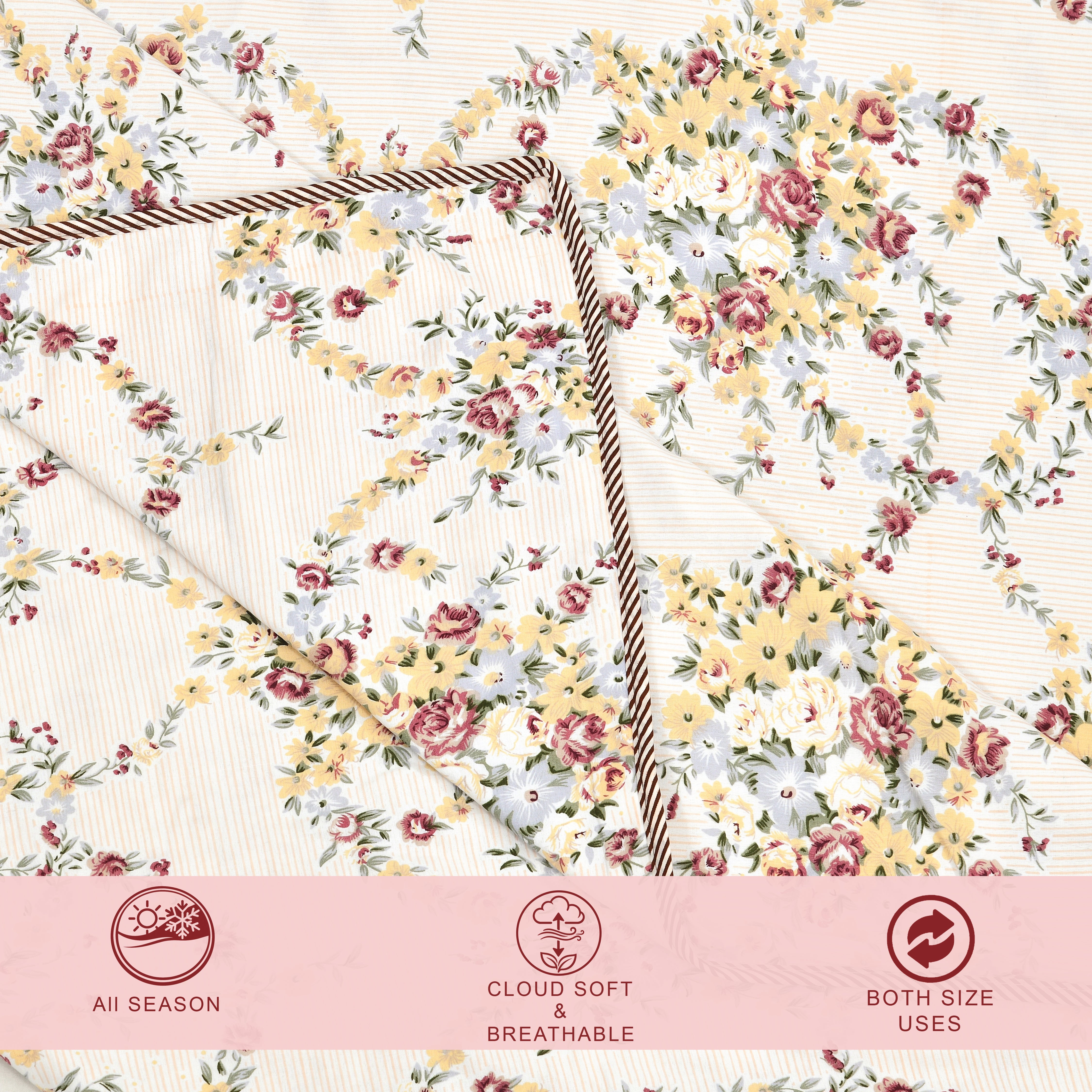 Rose Double Dohar Dull Cotton Floral Wreath Cream