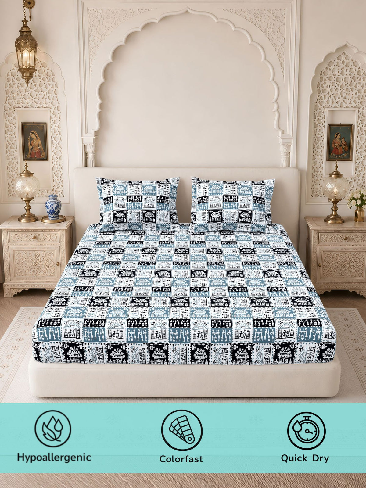 Lok Story Fitted Sheet with 2 Pillow Covers 130 GSM Micropeach Tribal Life
