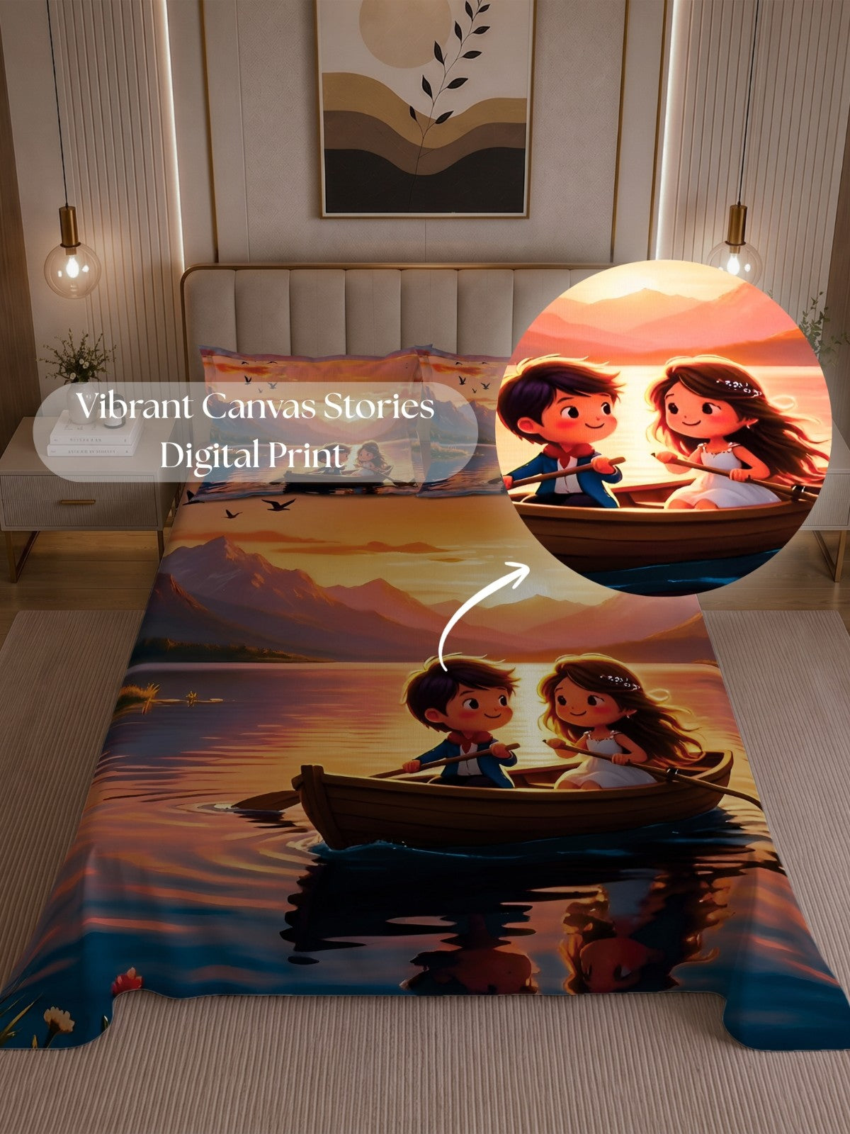 Homeful Style Canvas Stories Pictorial Printed 160 TC Bedsheet with 2 Pillow Covers