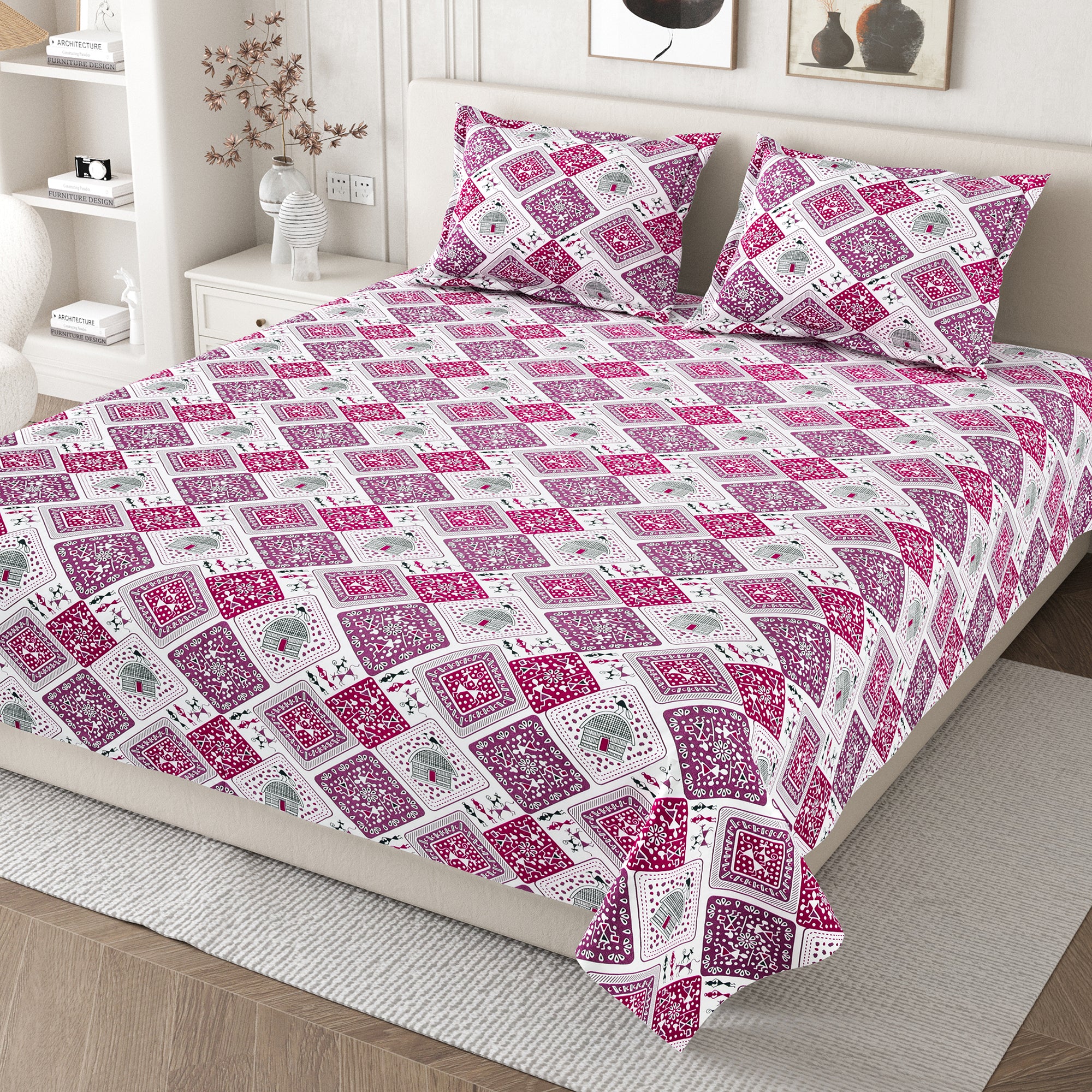 Lok Story Queen Bedsheet with 2 Pillow Covers 130 GSM Micropeach Tribal Life Pink