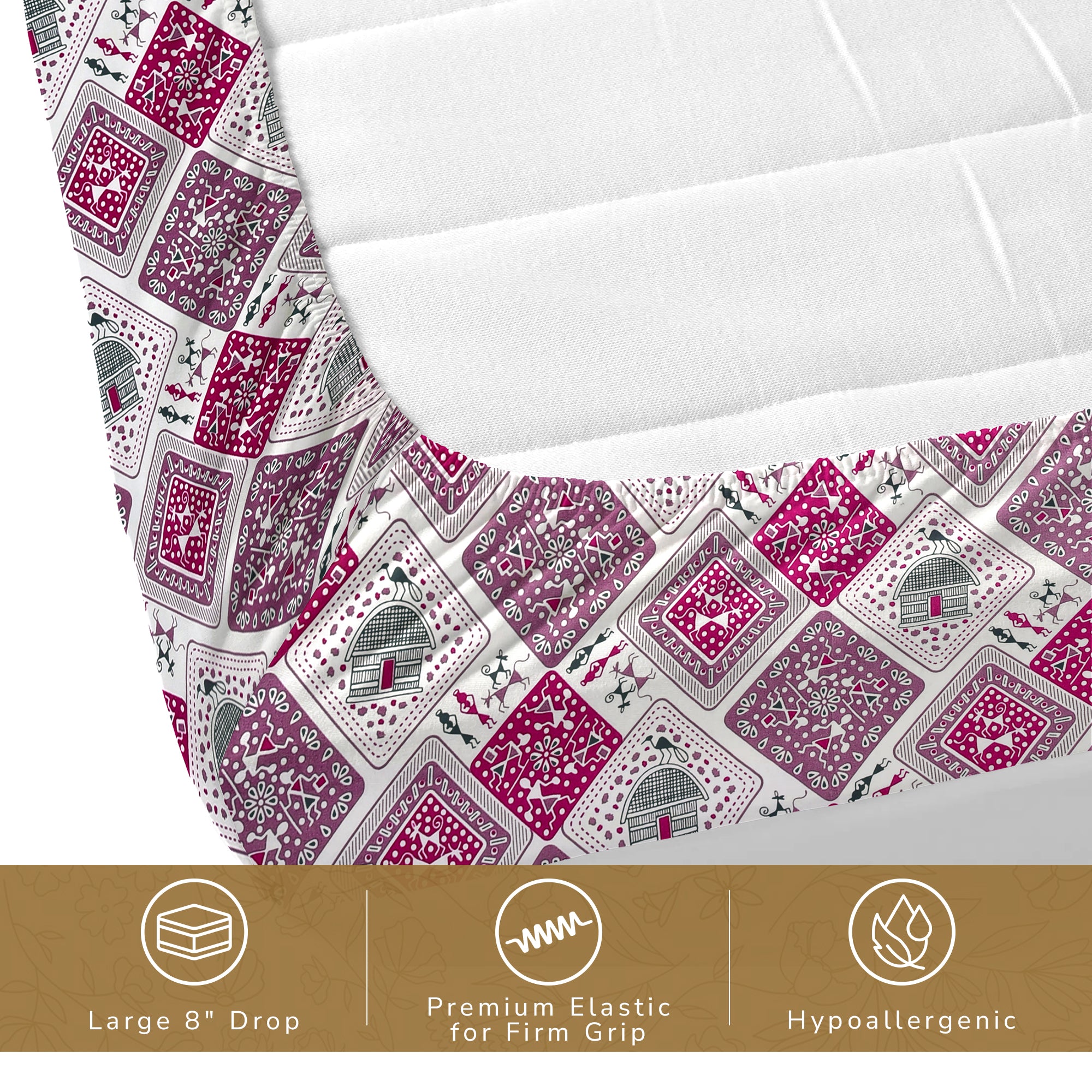 Lok Story King Fitted Sheet with 2 Pillow Covers 130 GSM Micropeach Tribal Life Pink