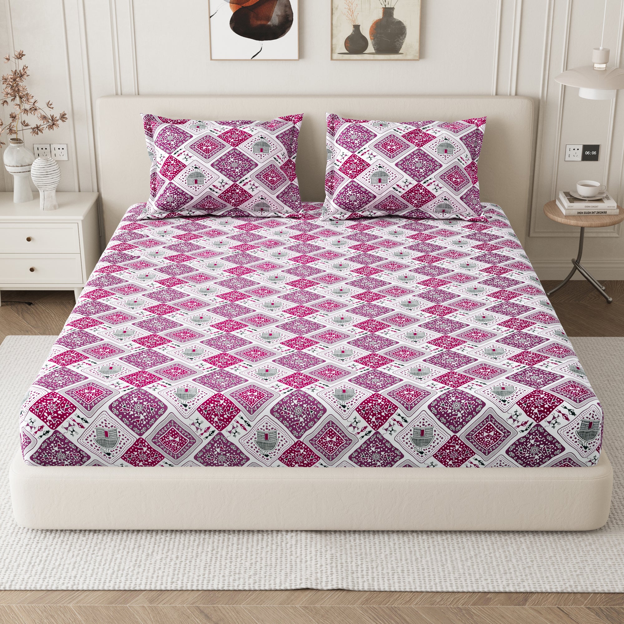 Lok Story Queen Fitted Sheet with 2 Pillow Covers 130 GSM Micropeach Tribal Life Pink