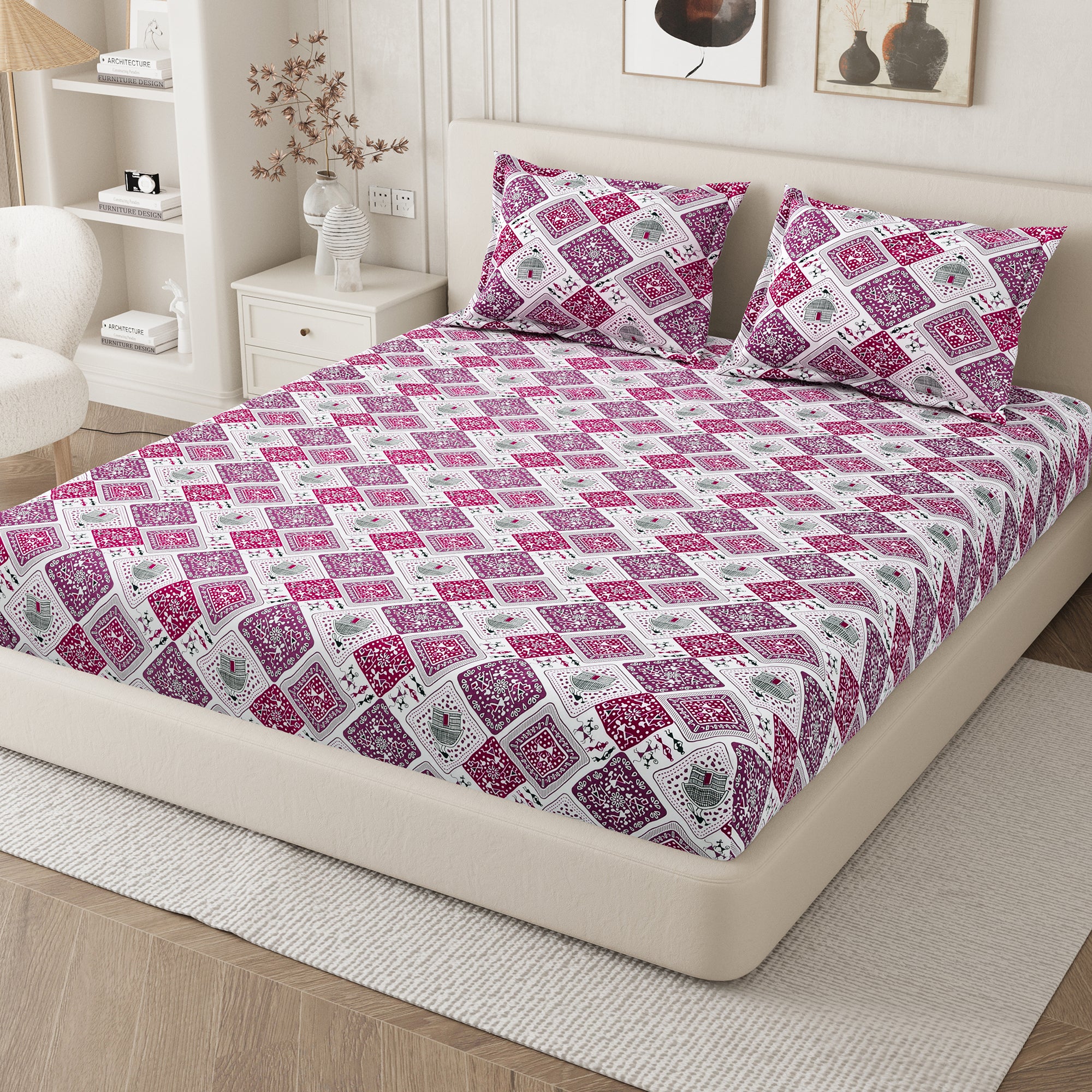 Lok Story Queen Fitted Sheet with 2 Pillow Covers 130 GSM Micropeach Tribal Life Pink