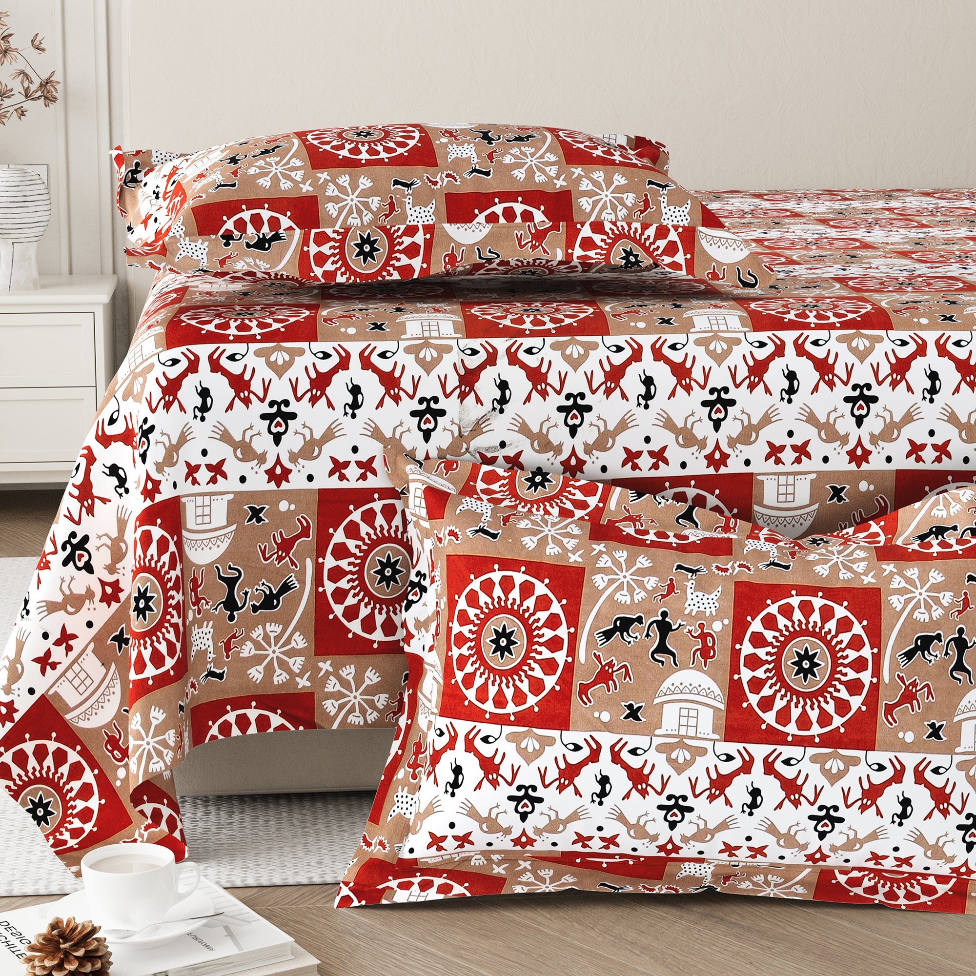 Lok Story Queen Bedsheet with 2 Pillow Covers 130 GSM Micropeach Tribal Village Rust