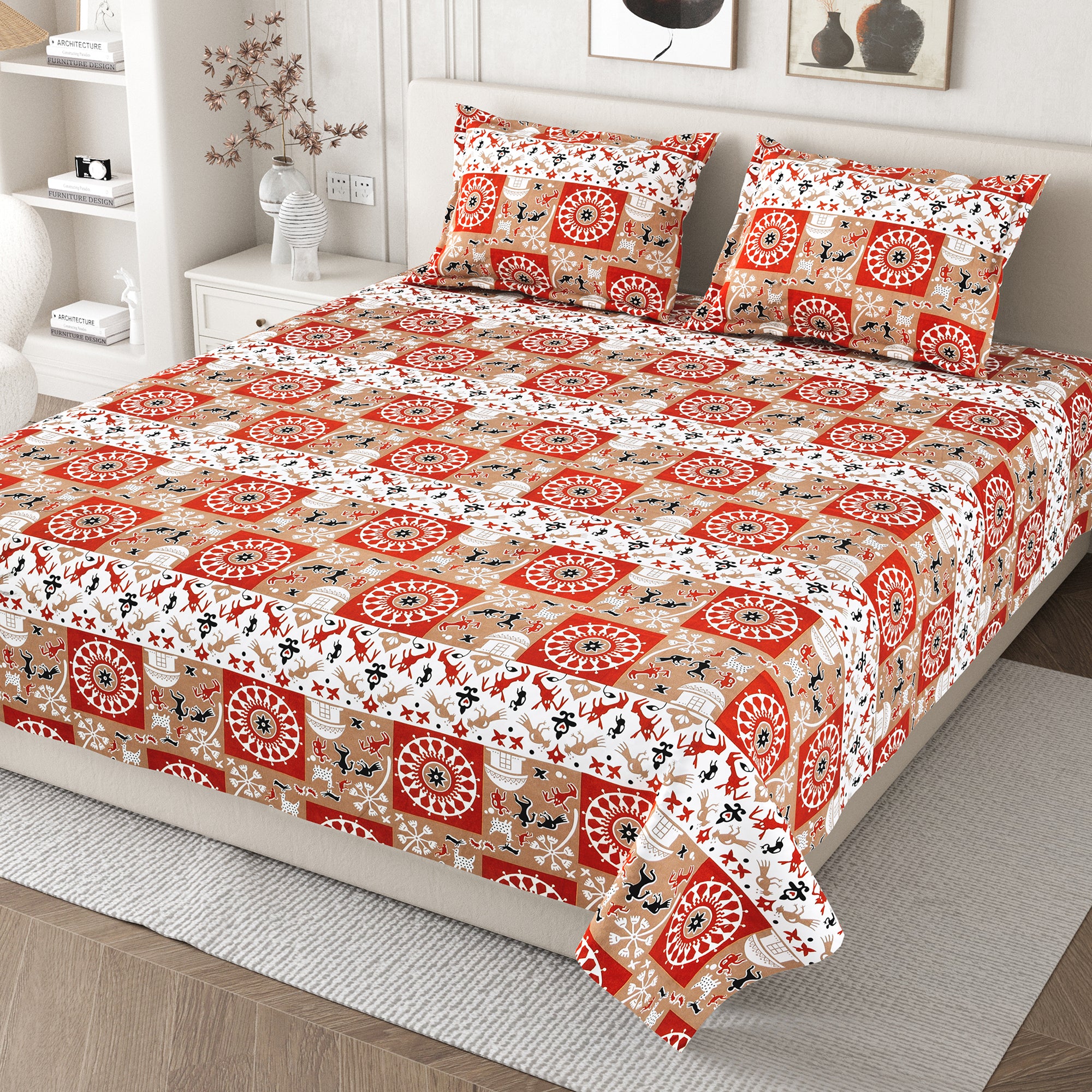 Lok Story Queen Bedsheet with 2 Pillow Covers 130 GSM Micropeach Tribal Village Rust