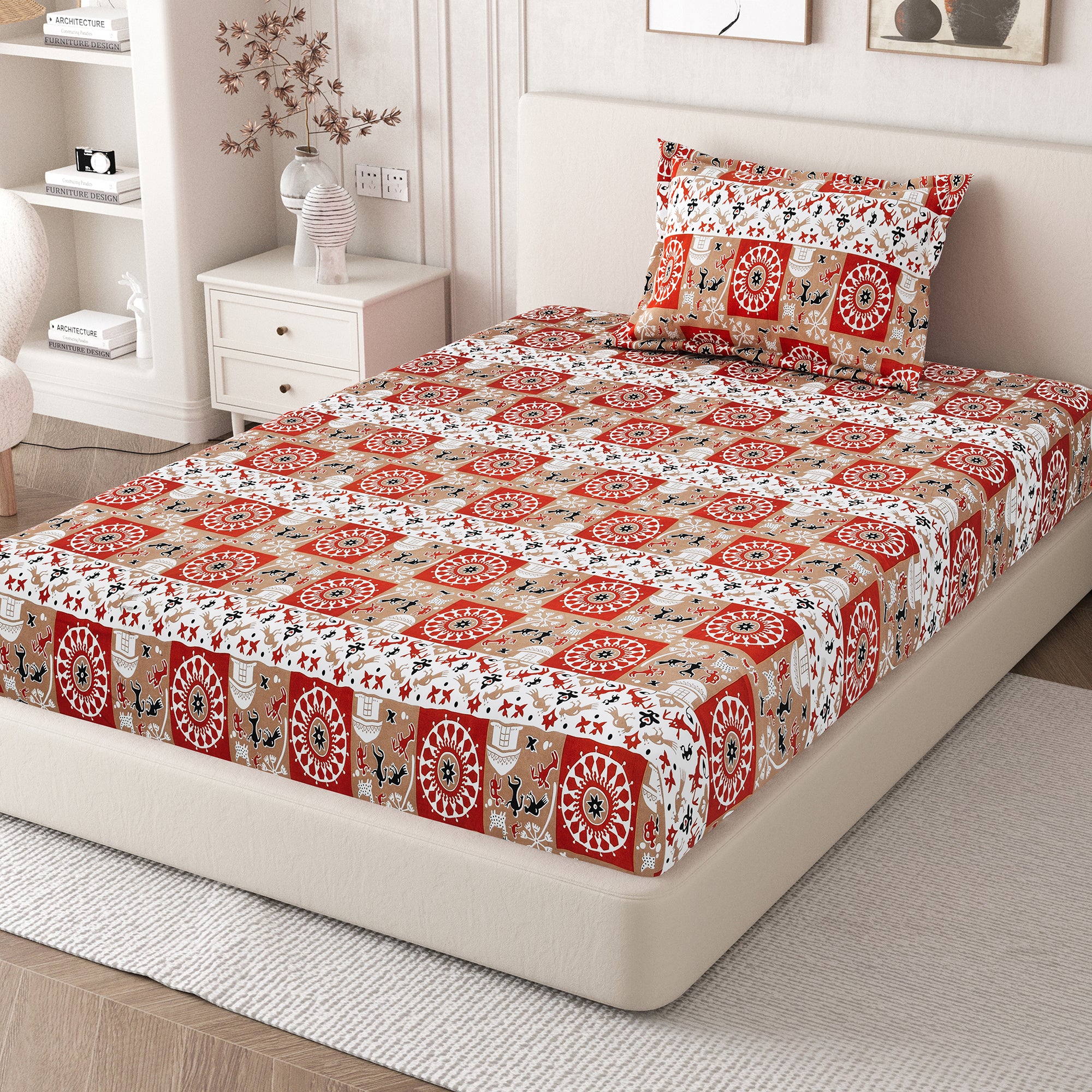 Lok Story Single Bedsheet with 1 Pillow Cover 130 GSM Micropeach Tribal Village Rust