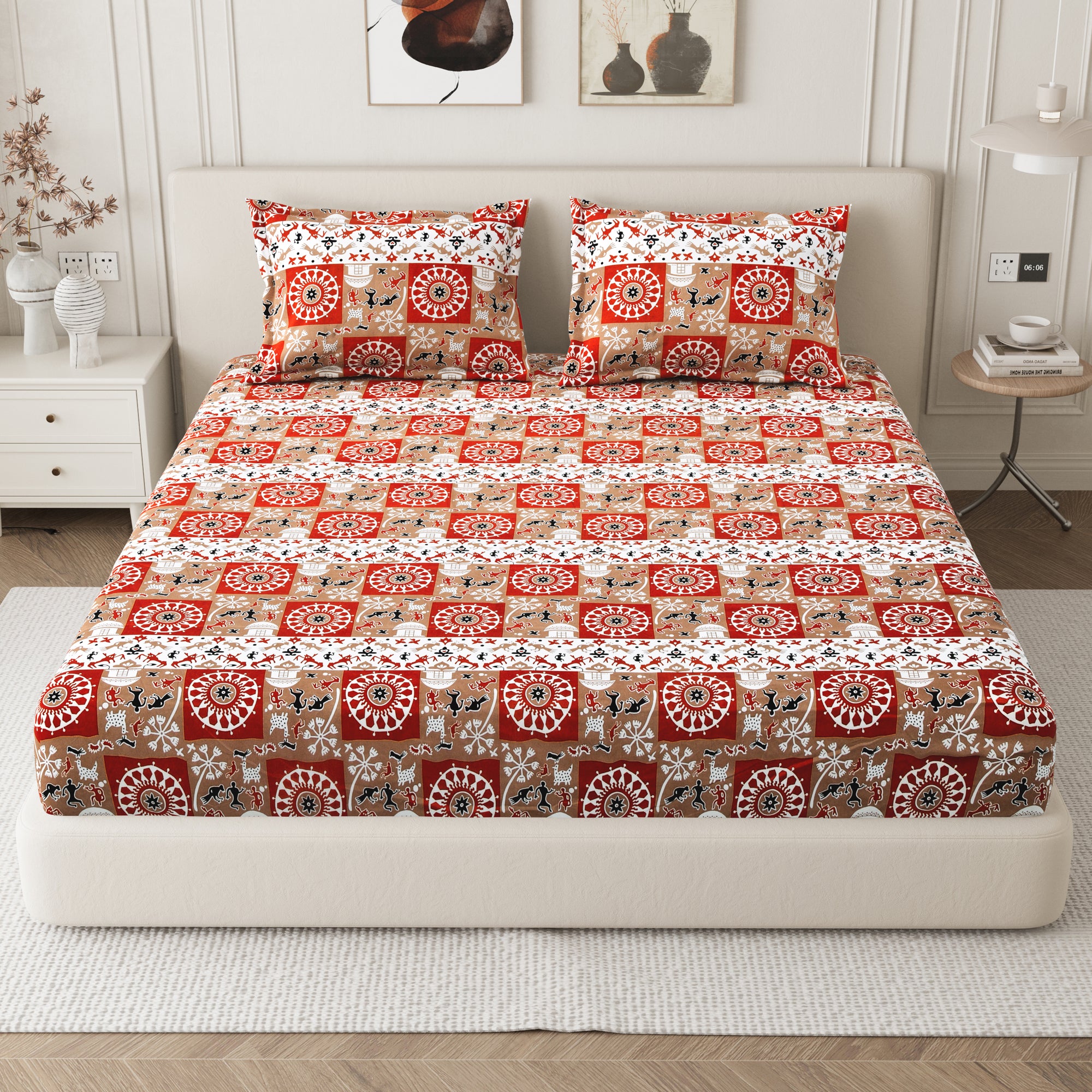 Lok Story King Fitted Sheet with 2 Pillow Covers 130 GSM Micropeach Tribal Village Rust