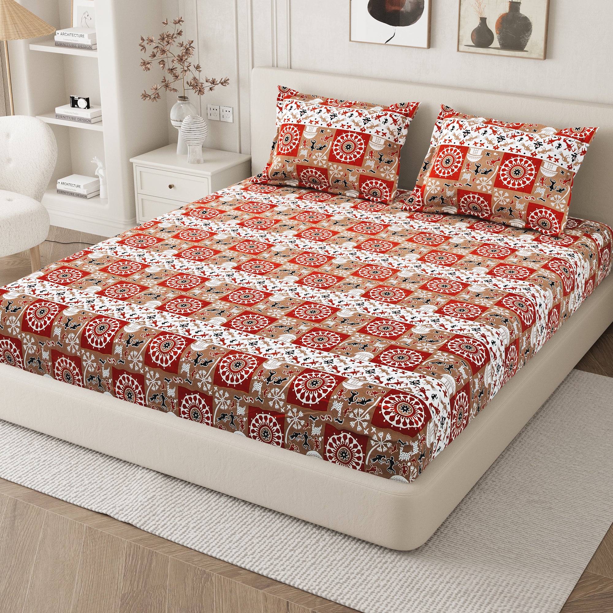 Lok Story King Fitted Sheet with 2 Pillow Covers 130 GSM Micropeach Tribal Village Rust