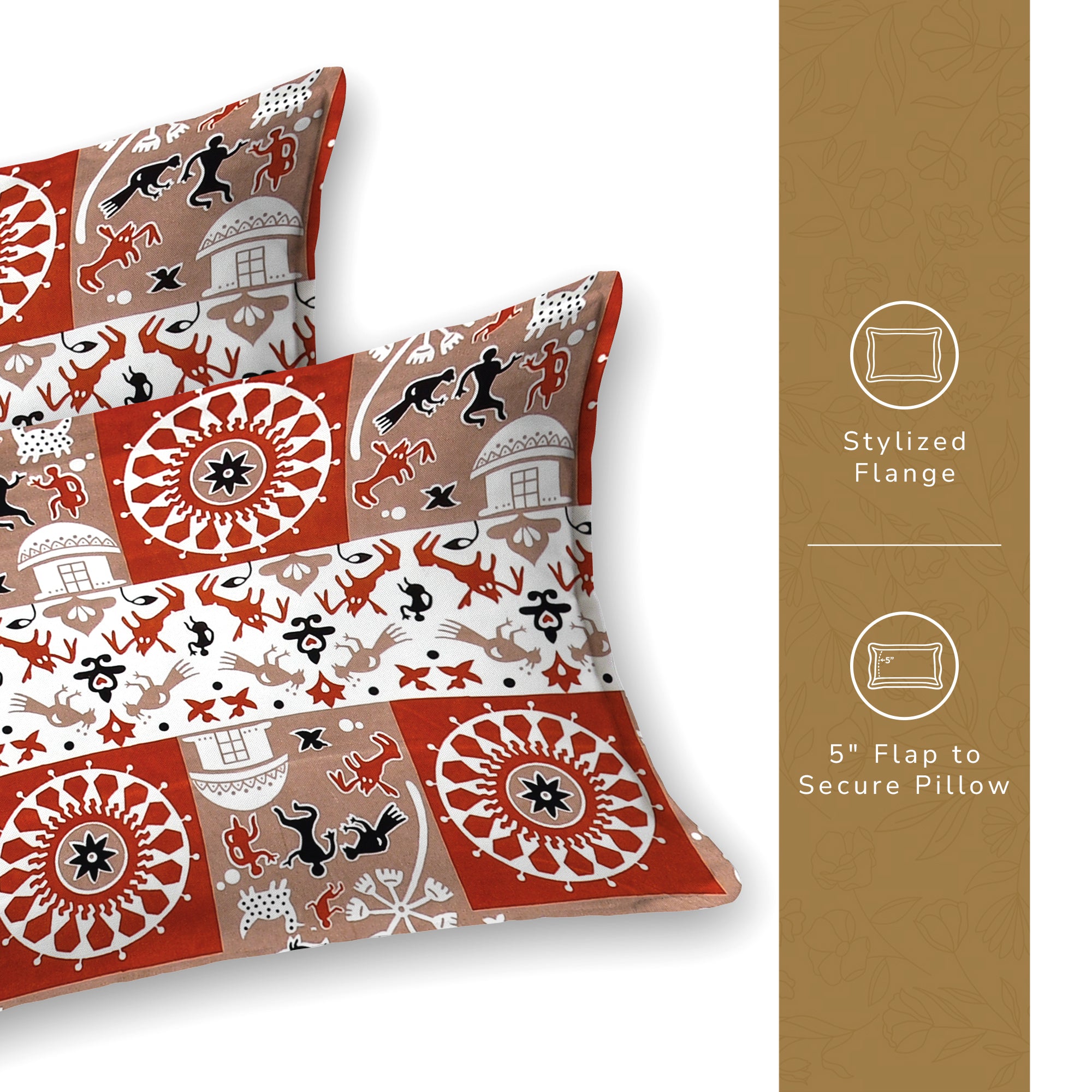 Lok Story King Fitted Sheet with 2 Pillow Covers 130 GSM Micropeach Tribal Village Rust
