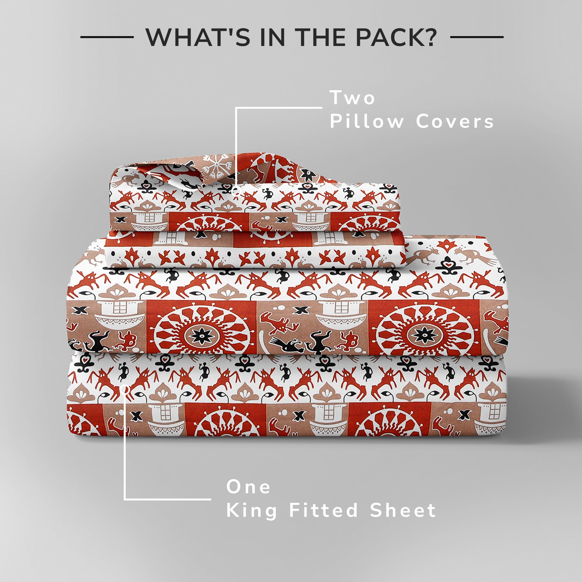 Lok Story King Fitted Sheet with 2 Pillow Covers 130 GSM Micropeach Tribal Village Rust
