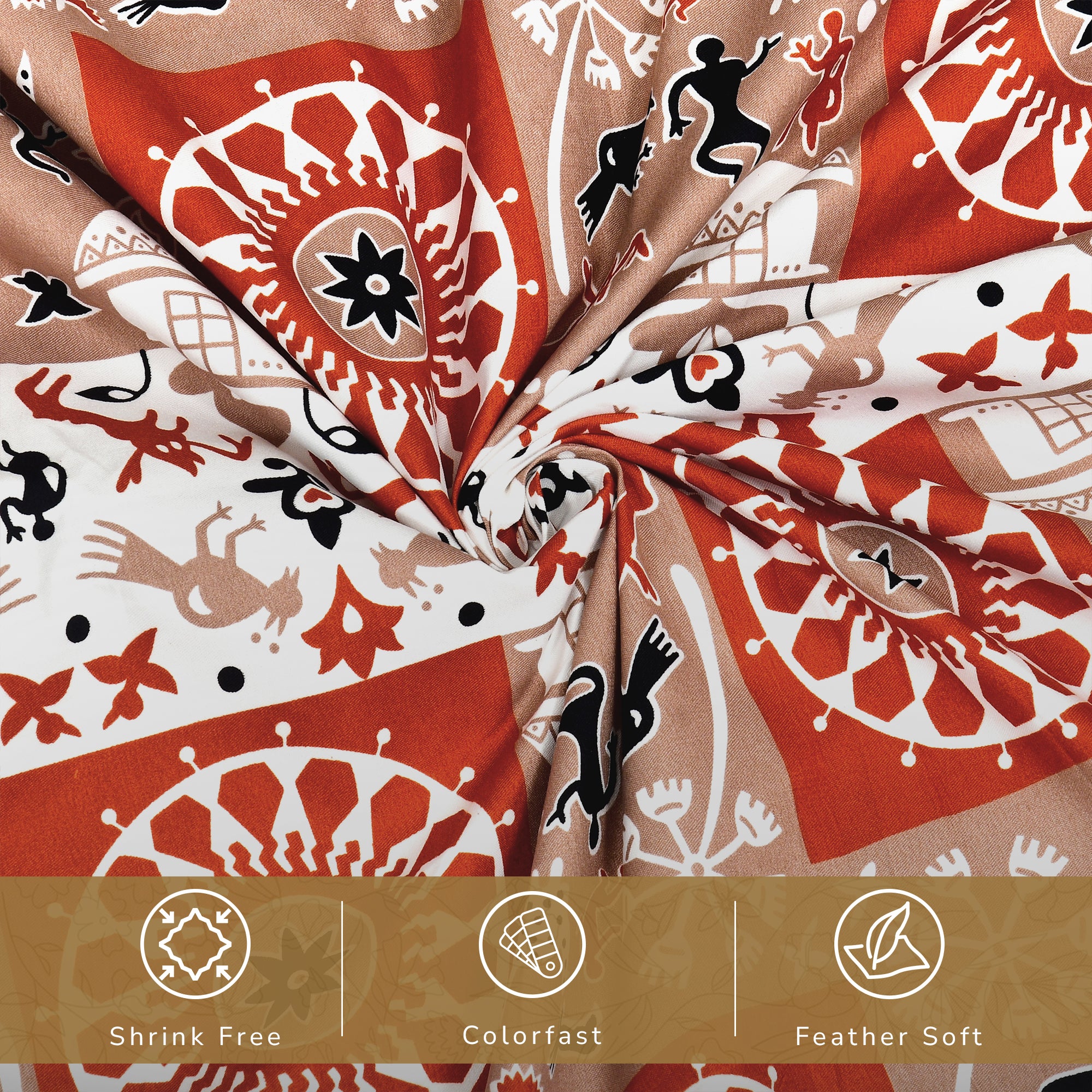 Lok Story Queen Fitted Sheet with 2 Pillow Covers 130 GSM Micropeach Tribal Village Rust