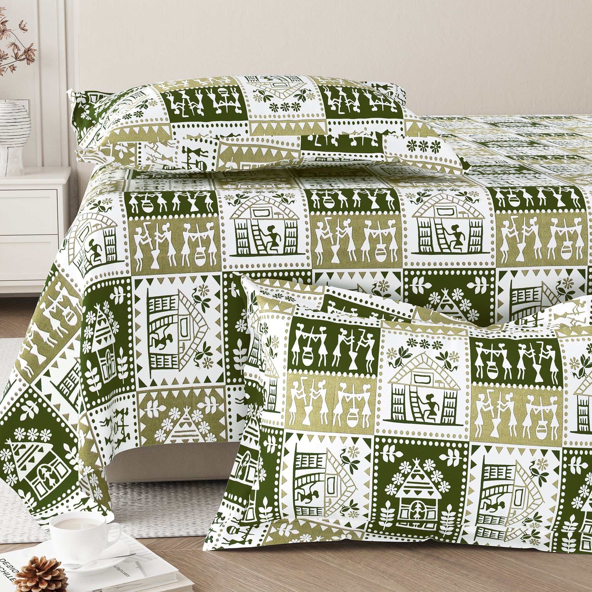 Lok Story Queen Bedsheet with 2 Pillow Covers 130 GSM Micropeach Tribal Style Green