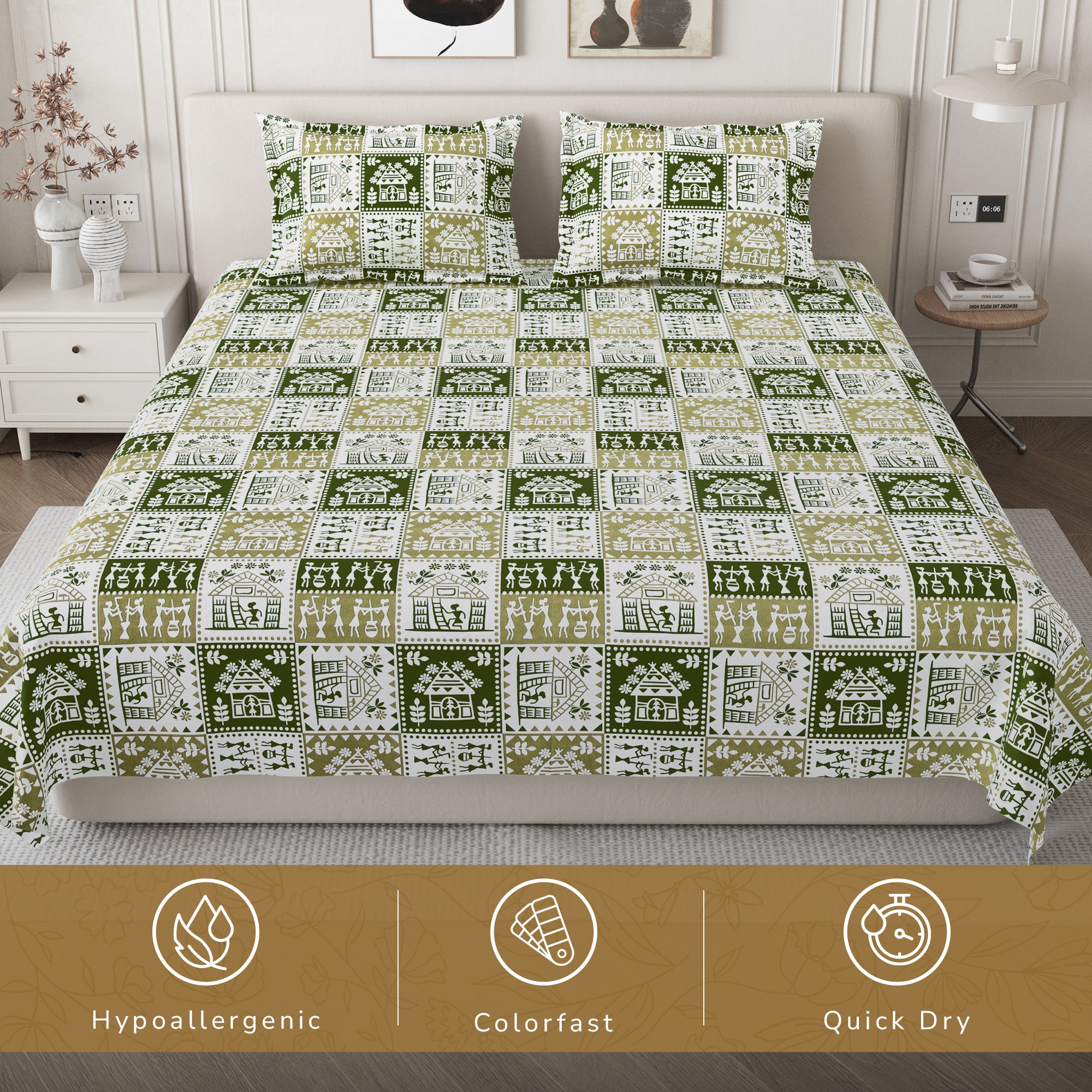 Lok Story Queen Bedsheet with 2 Pillow Covers 130 GSM Micropeach Tribal Style Green