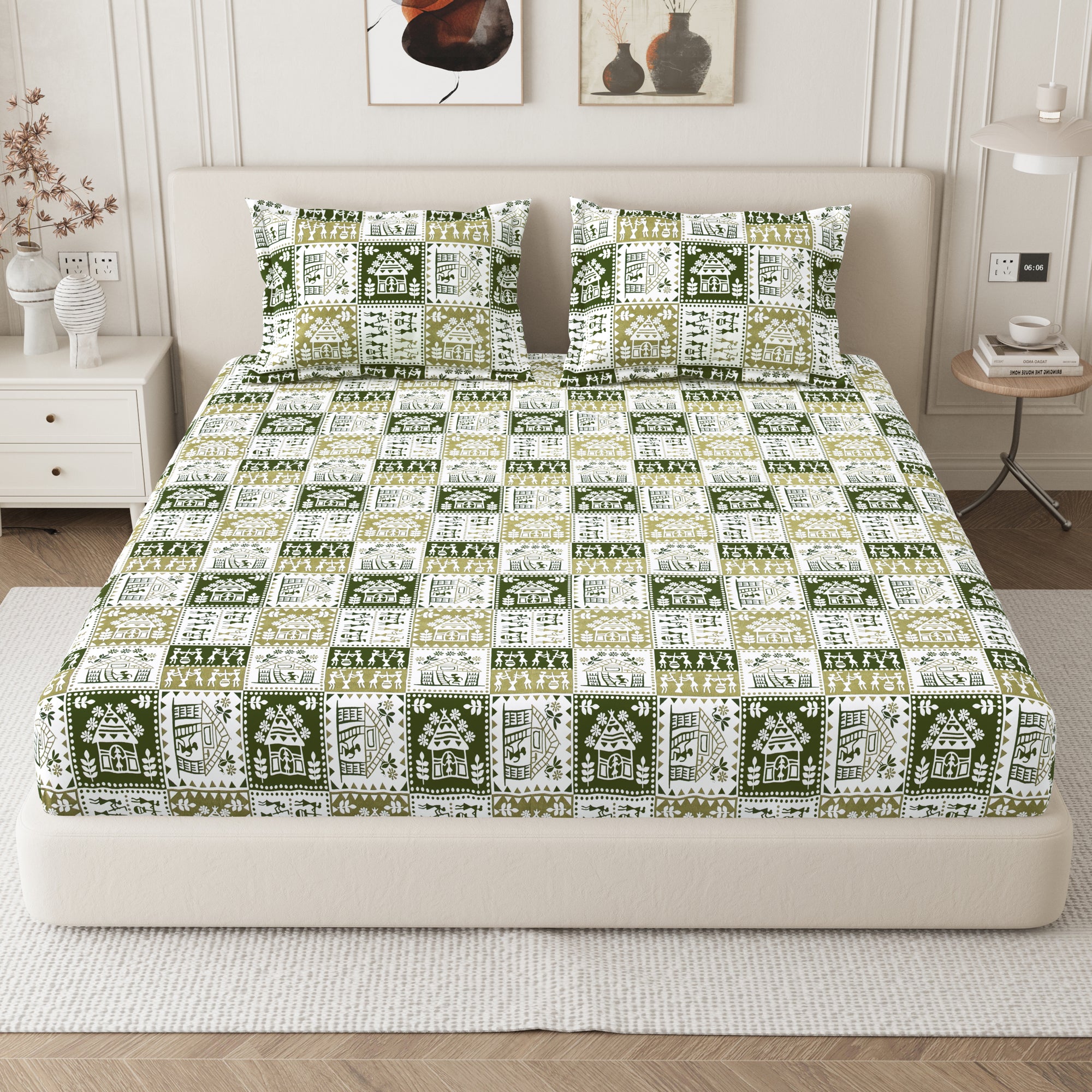 Lok Story King Fitted Sheet with 2 Pillow Covers 130 GSM Micropeach Tribal Style Green