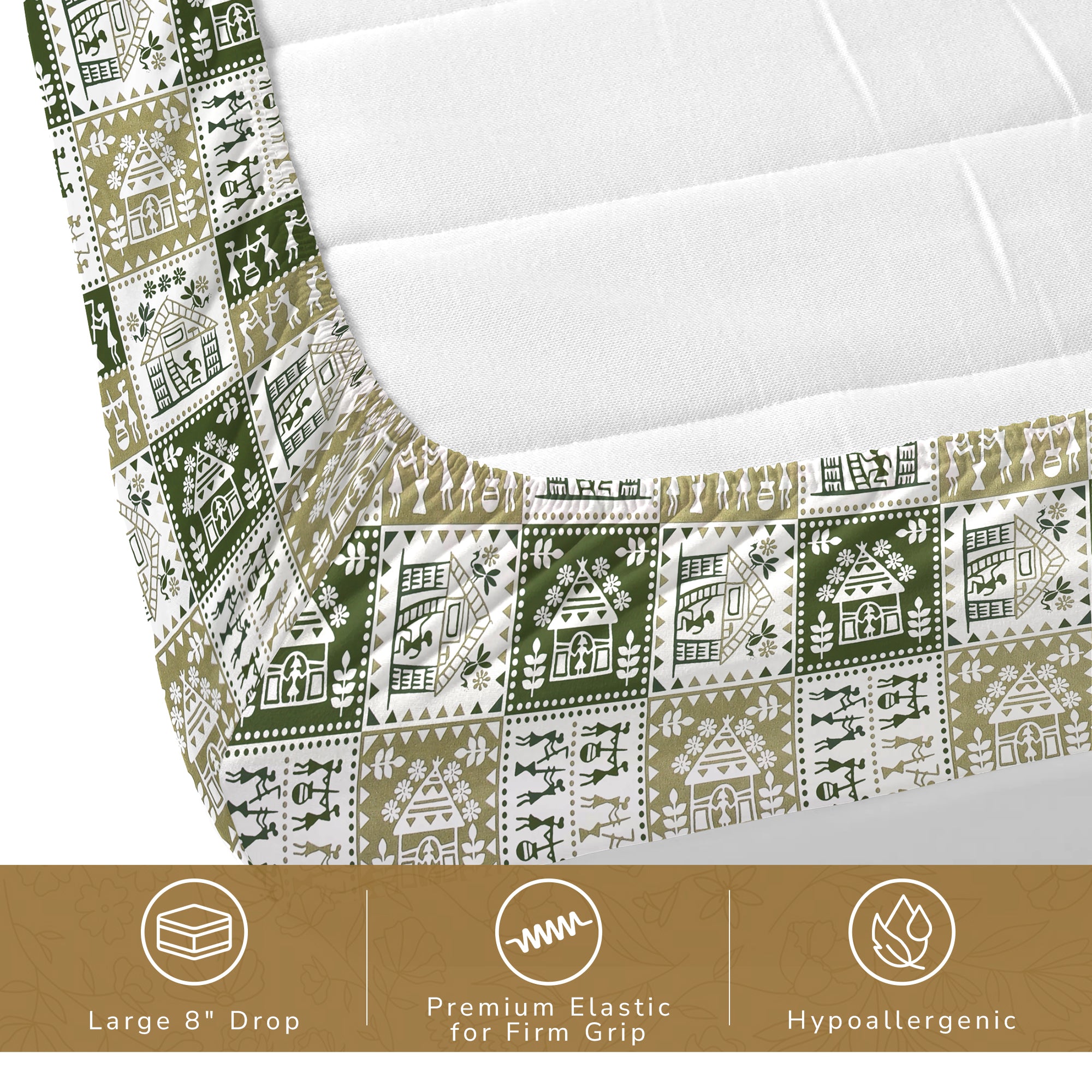 Lok Story King Fitted Sheet with 2 Pillow Covers 130 GSM Micropeach Tribal Style Green
