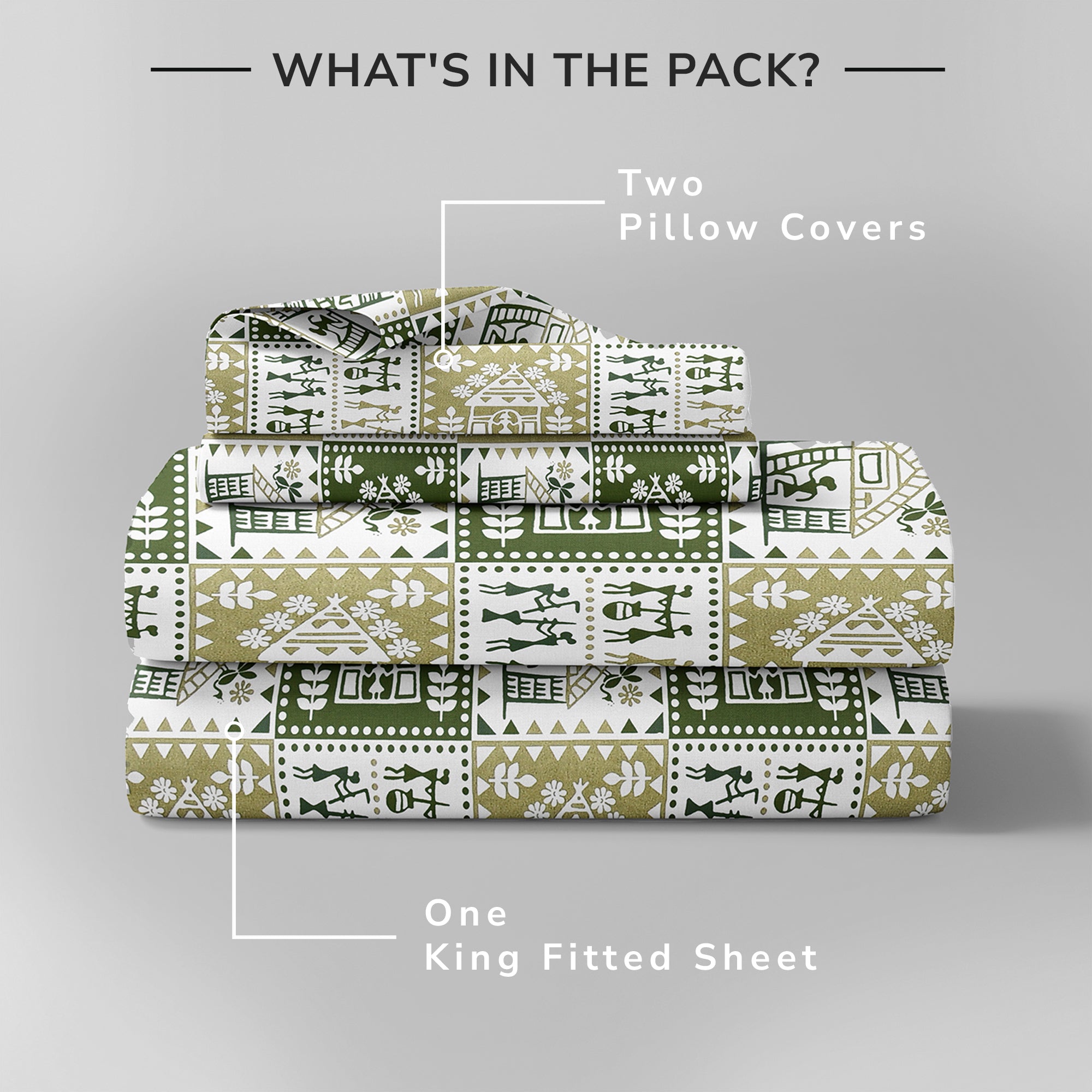 Lok Story King Fitted Sheet with 2 Pillow Covers 130 GSM Micropeach Tribal Style Green