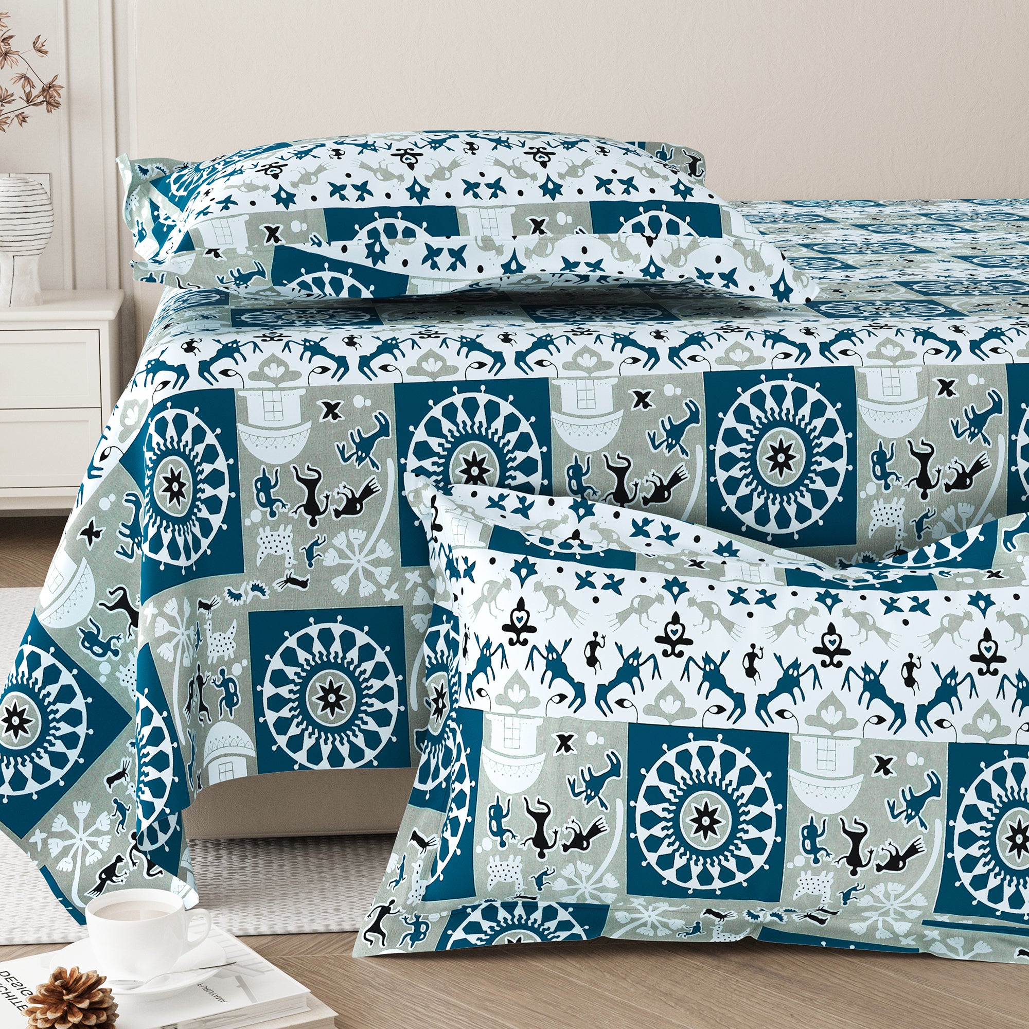 Lok Story Queen Bedsheet with 2 Pillow Covers 130 GSM Micropeach Tribal Festivals Blue