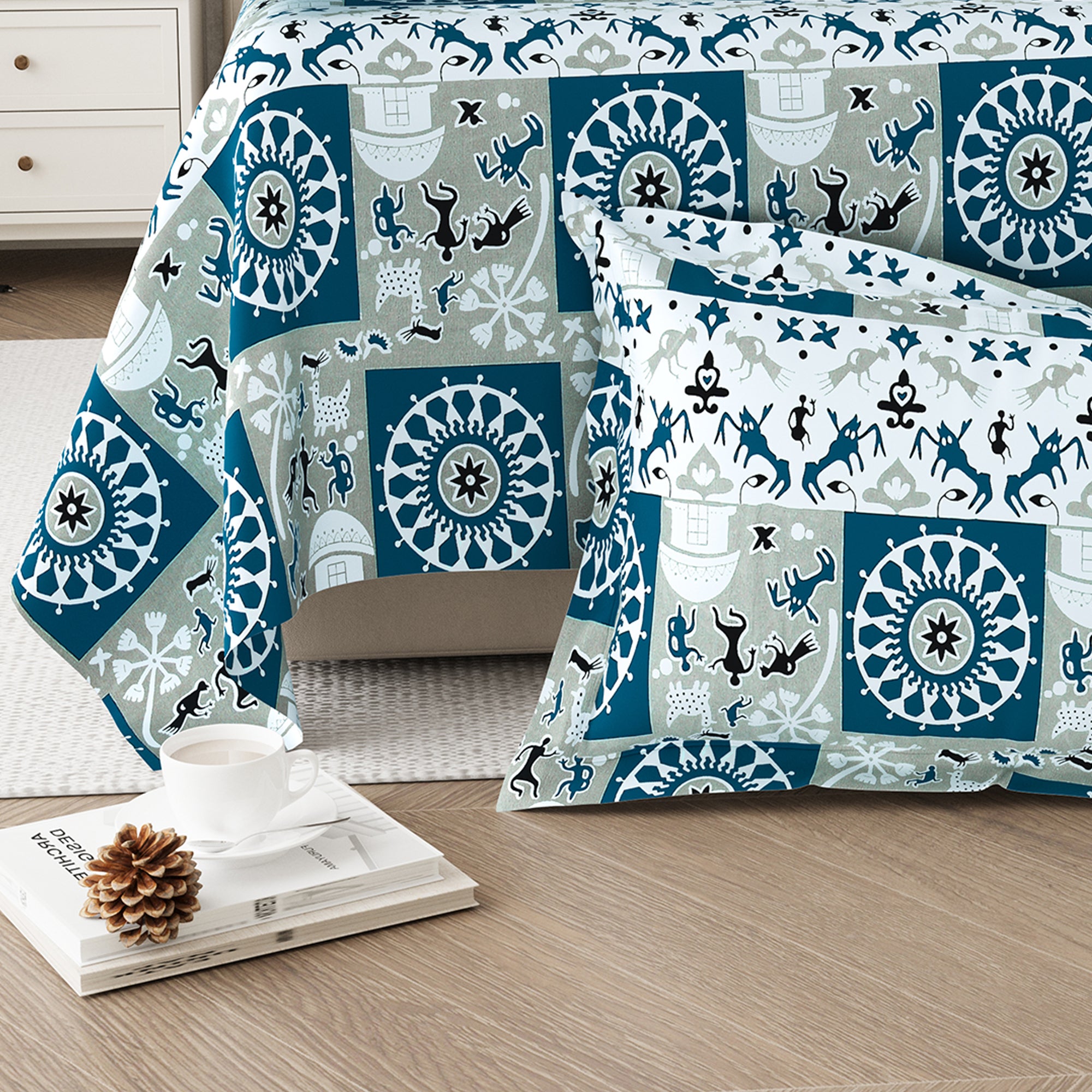 Lok Story Single Bedsheet with 1 Pillow Cover 130 GSM Micropeach Tribal Festivals Blue