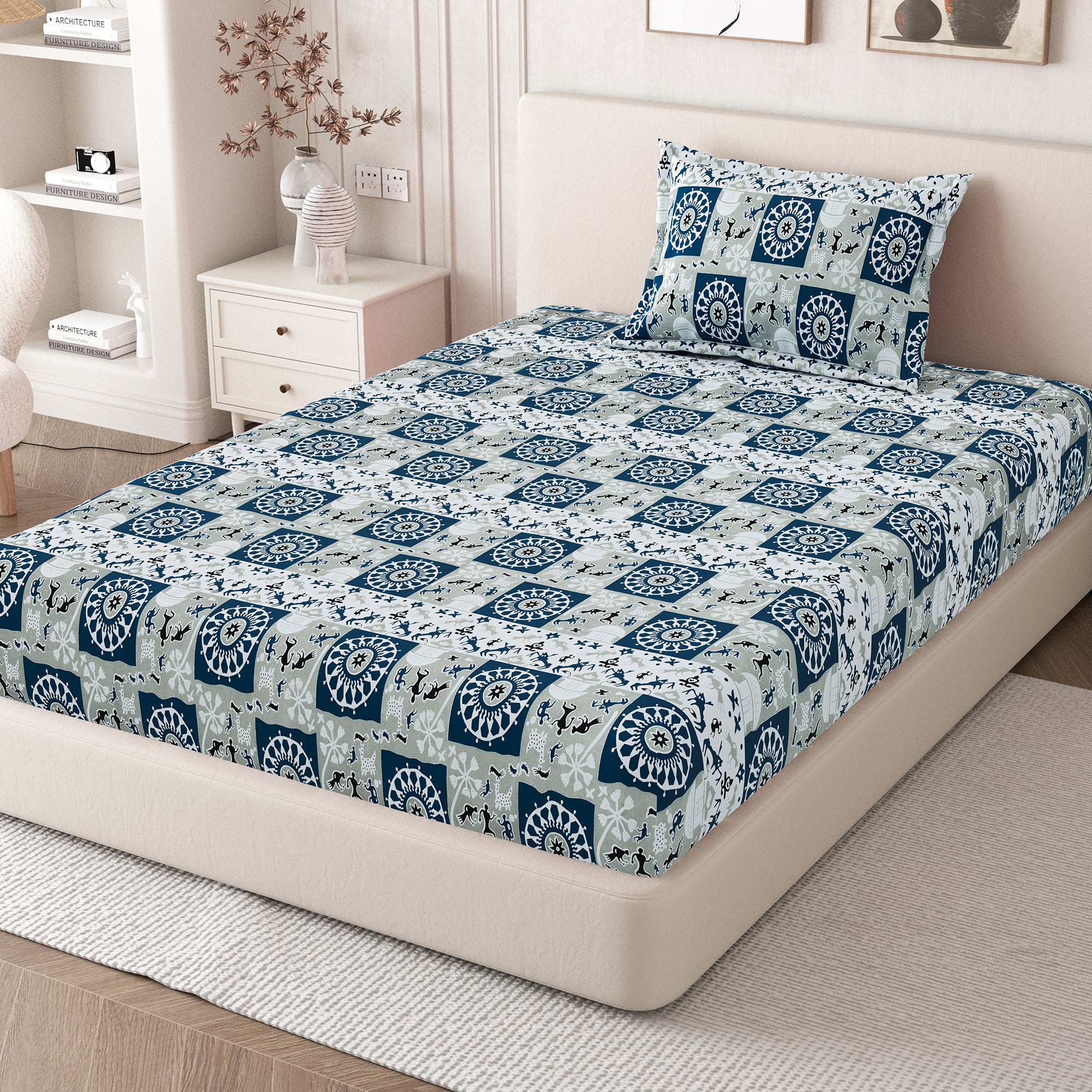 Lok Story Single Bedsheet with 1 Pillow Cover 130 GSM Micropeach Tribal Festivals Blue