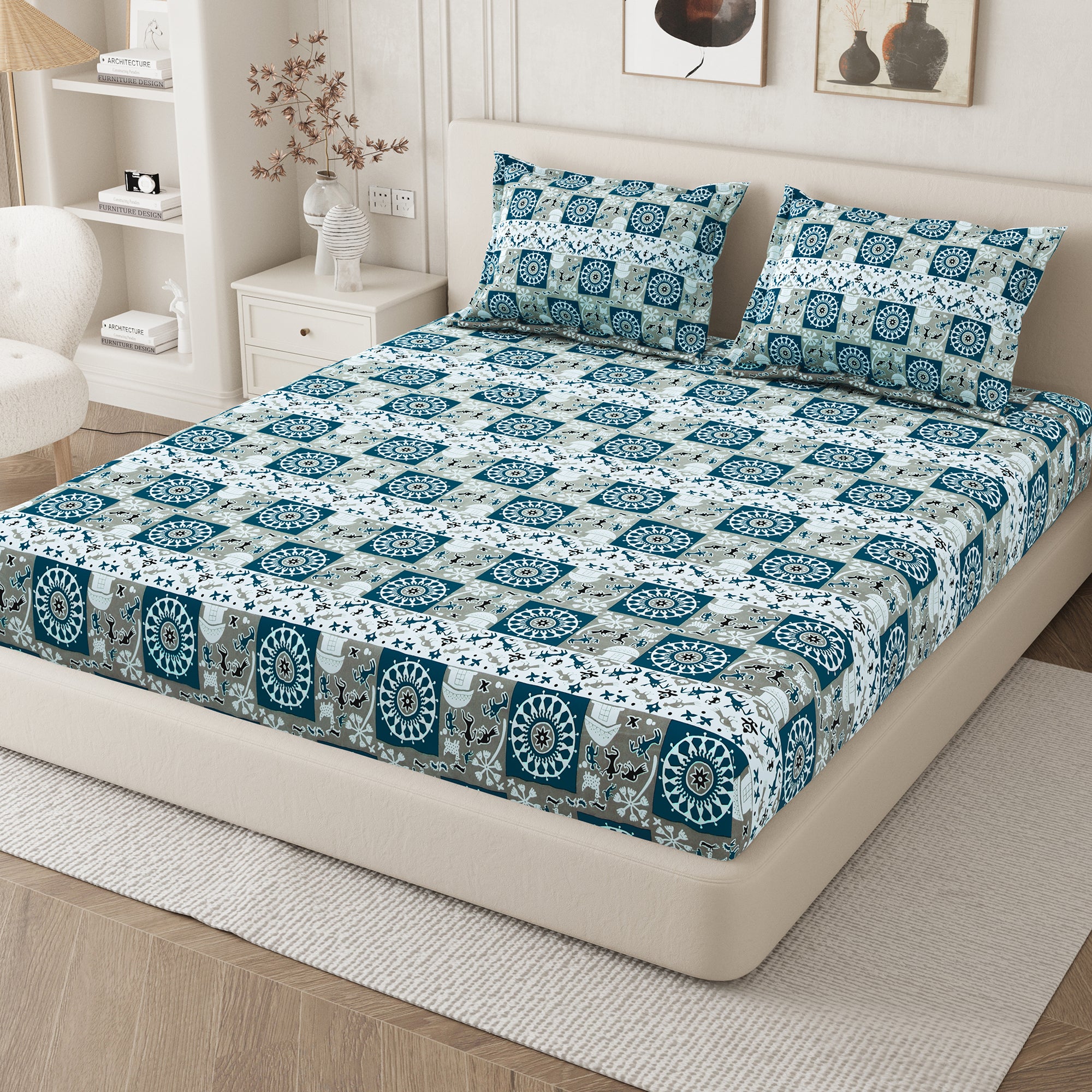 Lok Story Queen Fitted Sheet with 2 Pillow Covers 130 GSM Micropeach Tribal Festivals Blue