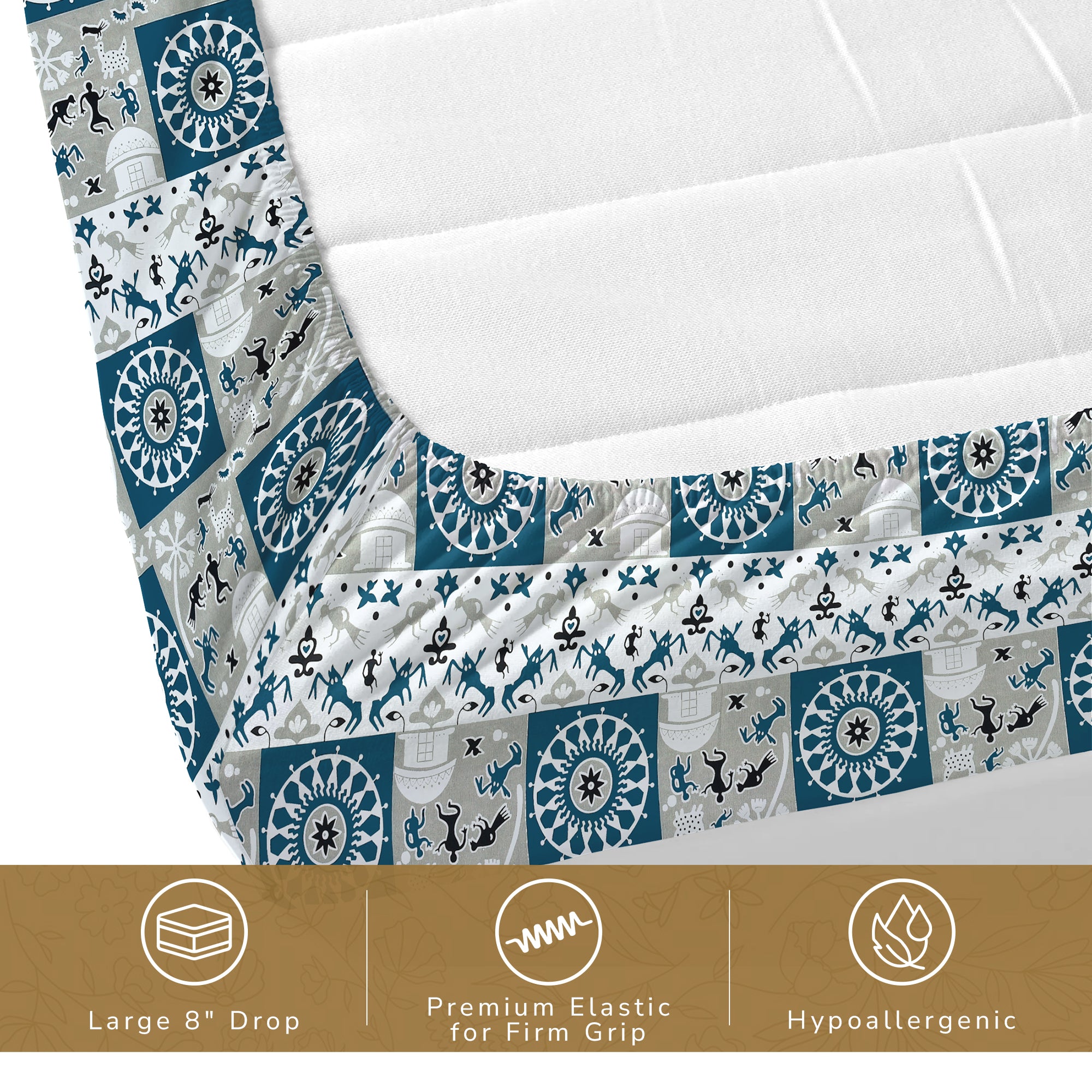 Lok Story Queen Fitted Sheet with 2 Pillow Covers 130 GSM Micropeach Tribal Festivals Blue