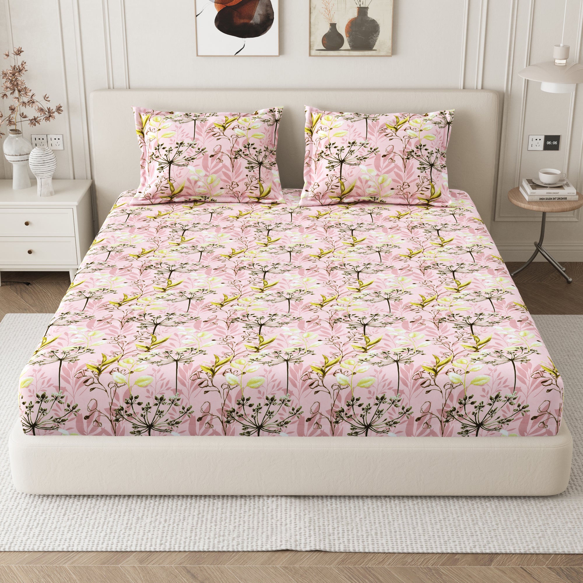 Daisy Queen Fitted Sheet with 2 Pillow Covers 130 GSM Micropeach Floral Foliage Green