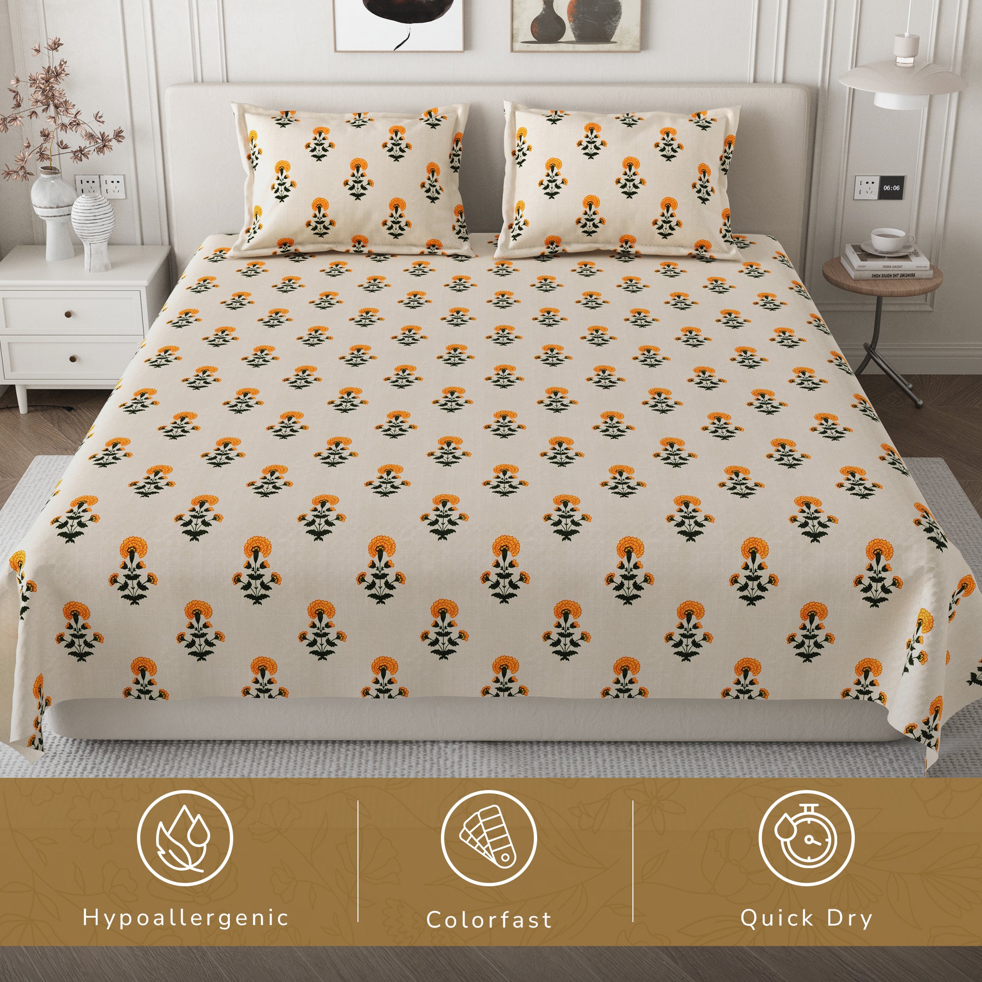 Daisy King Bedsheet with 2 Pillow Covers 130 GSM Micropeach Mughal Floral Yellow