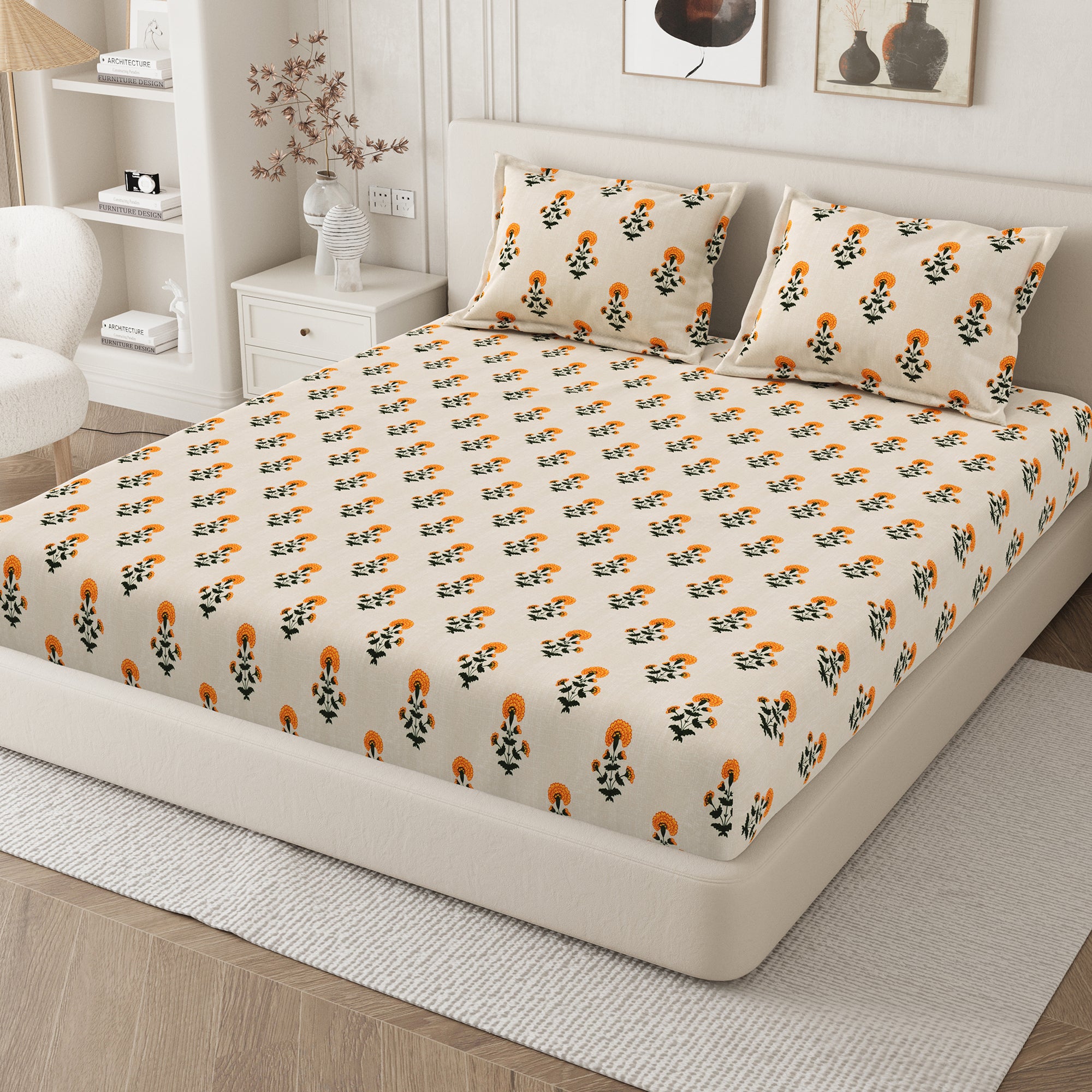 Daisy King Fitted Sheet with 2 Pillow Covers 130 GSM Micropeach Mughal Floral Yellow