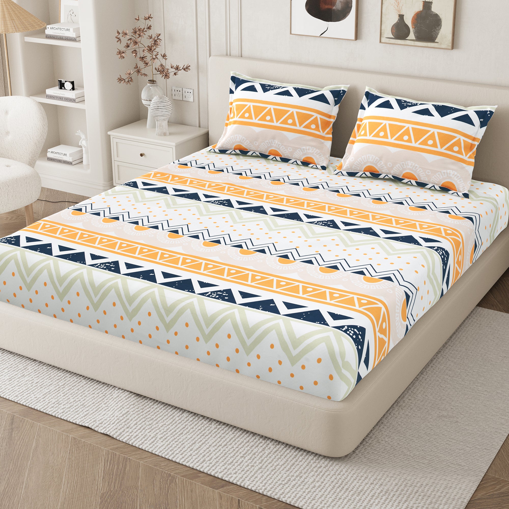 Daisy Queen Fitted Sheet with 2 Pillow Covers 130 GSM Micropeach Simple Geometrics Orange