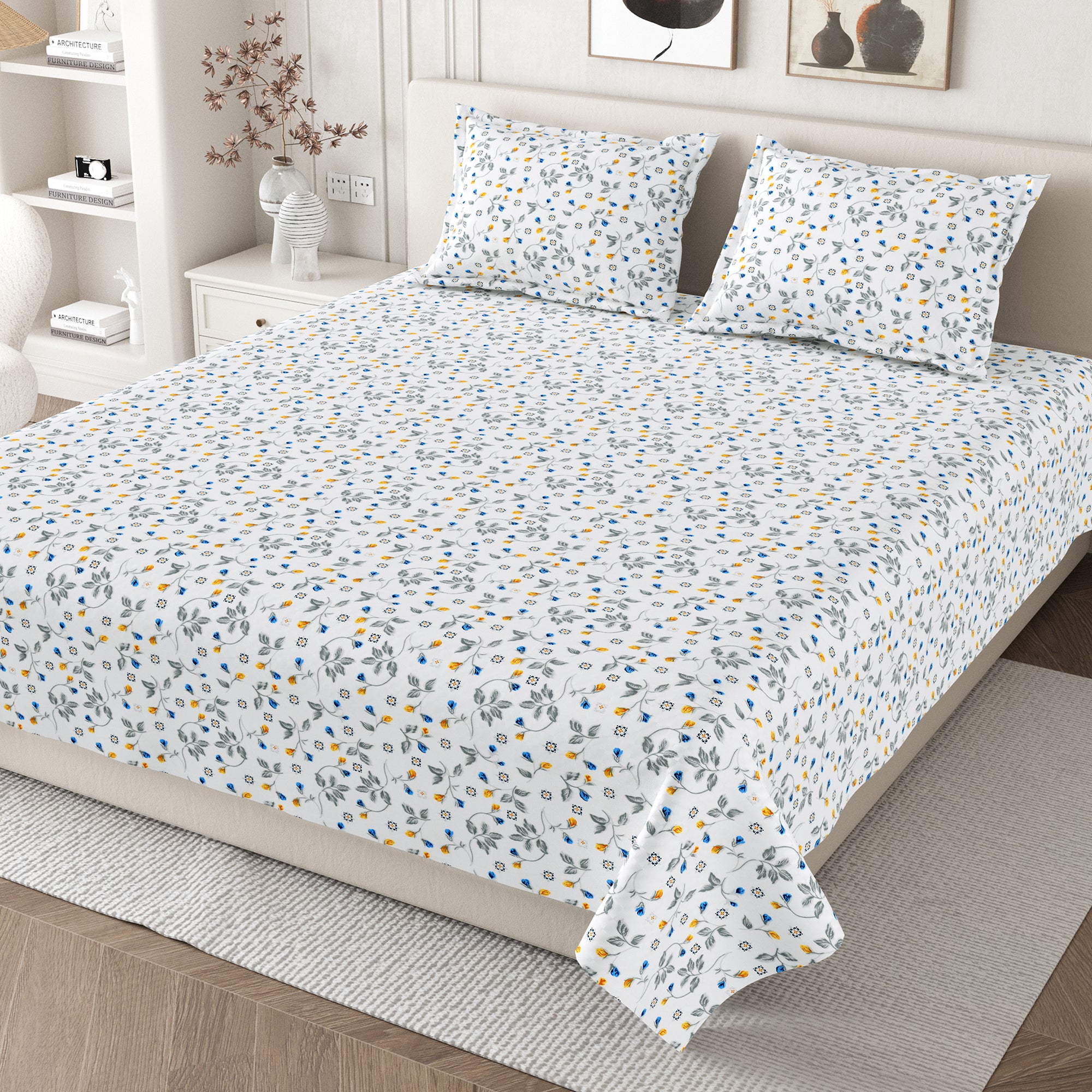Daisy Queen Bedsheet with 2 Pillow Covers 130 GSM Micropeach Floral Beauty Blue